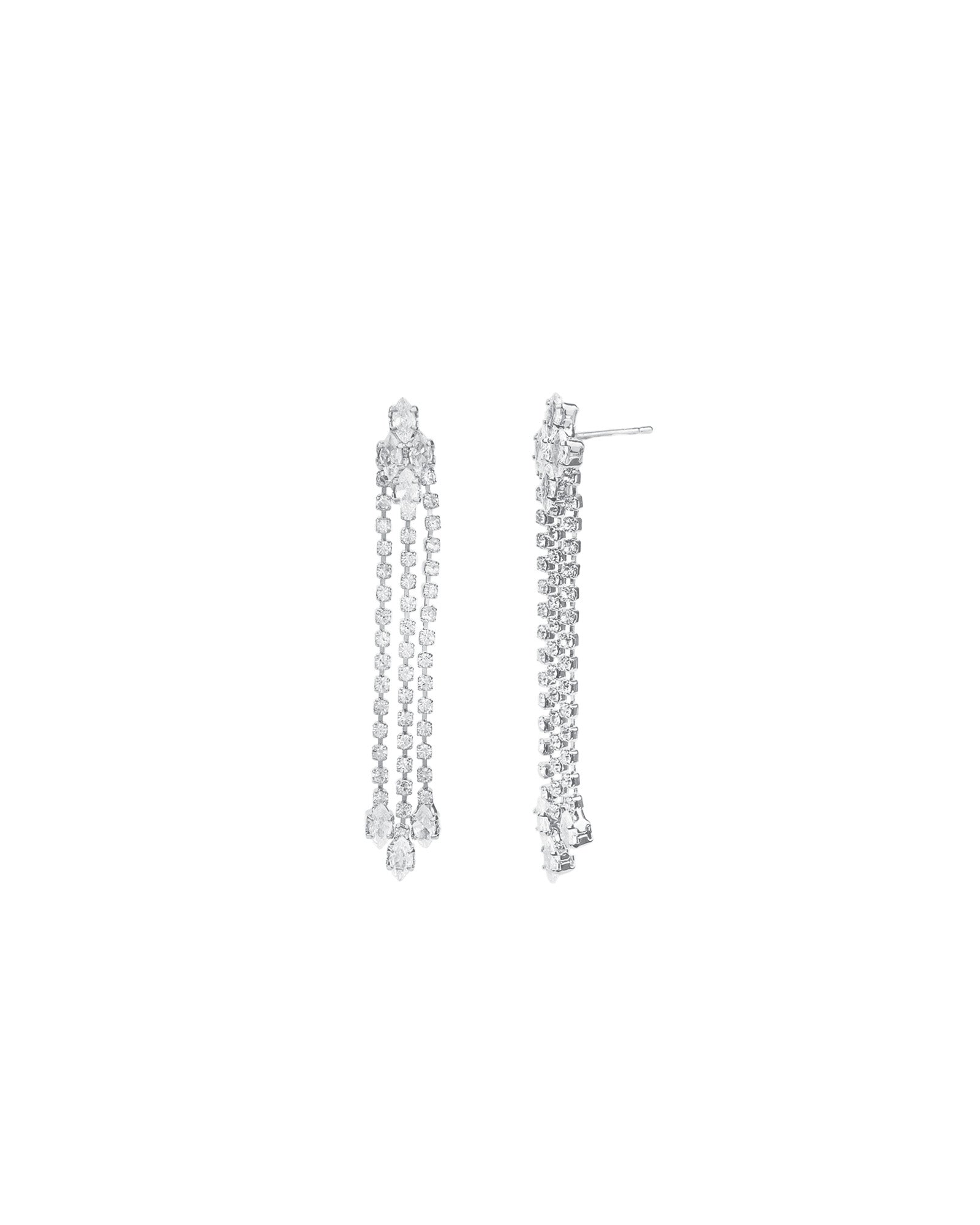 3 Strand Crystal Drop Earrings Silver Plated, White Crystal