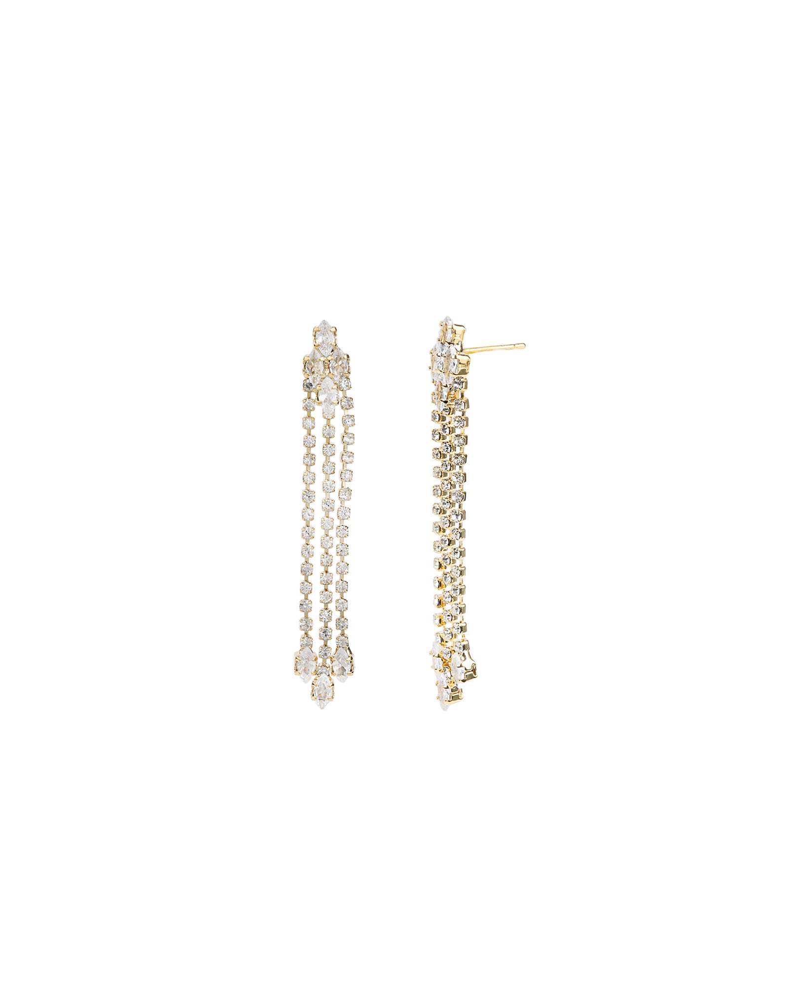 3 Strand Crystal Drop Earrings Gold Plated, White Crystal