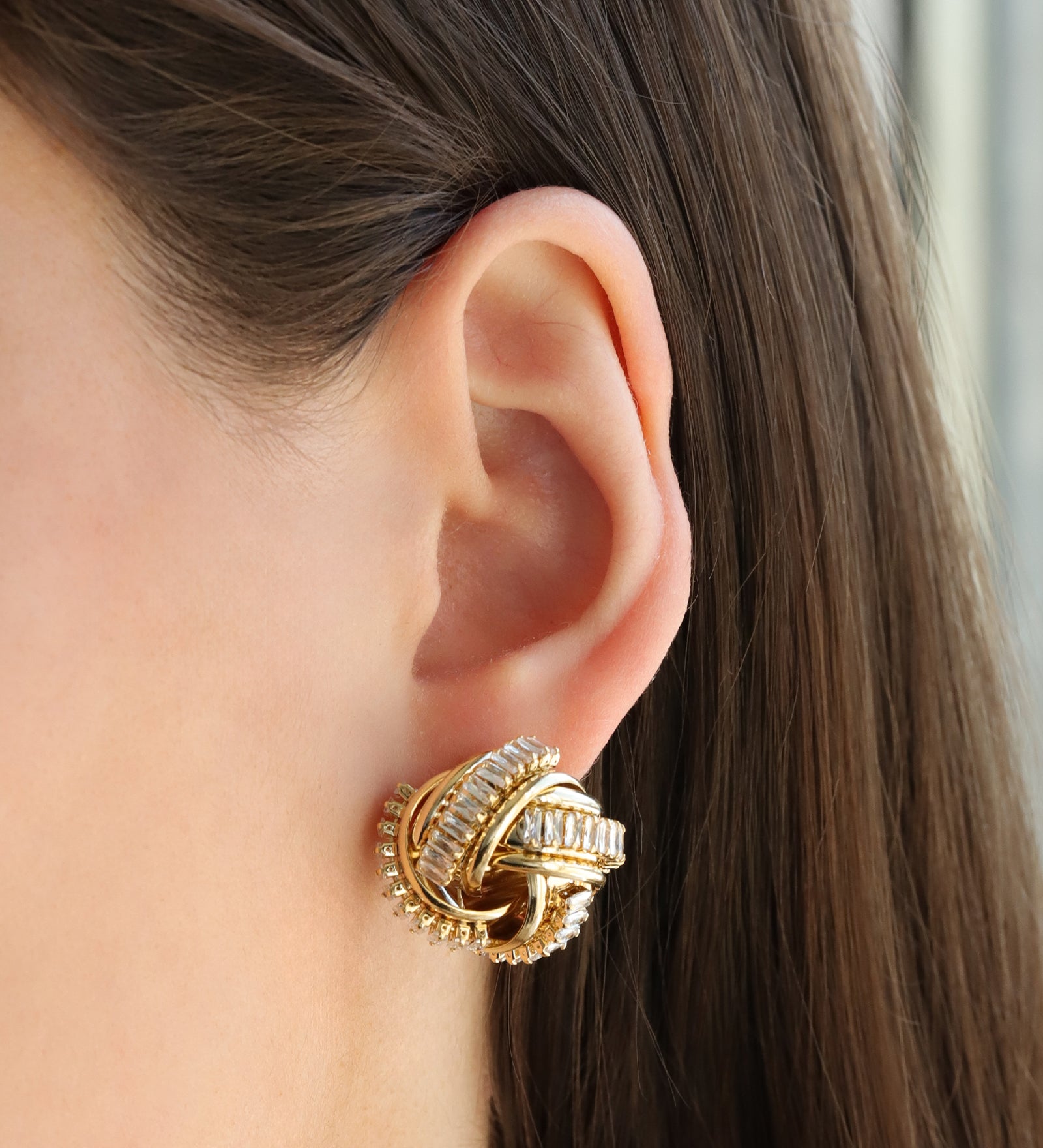 Knot Baguette Twist Studs Gold Plated, Cubic Zirconia