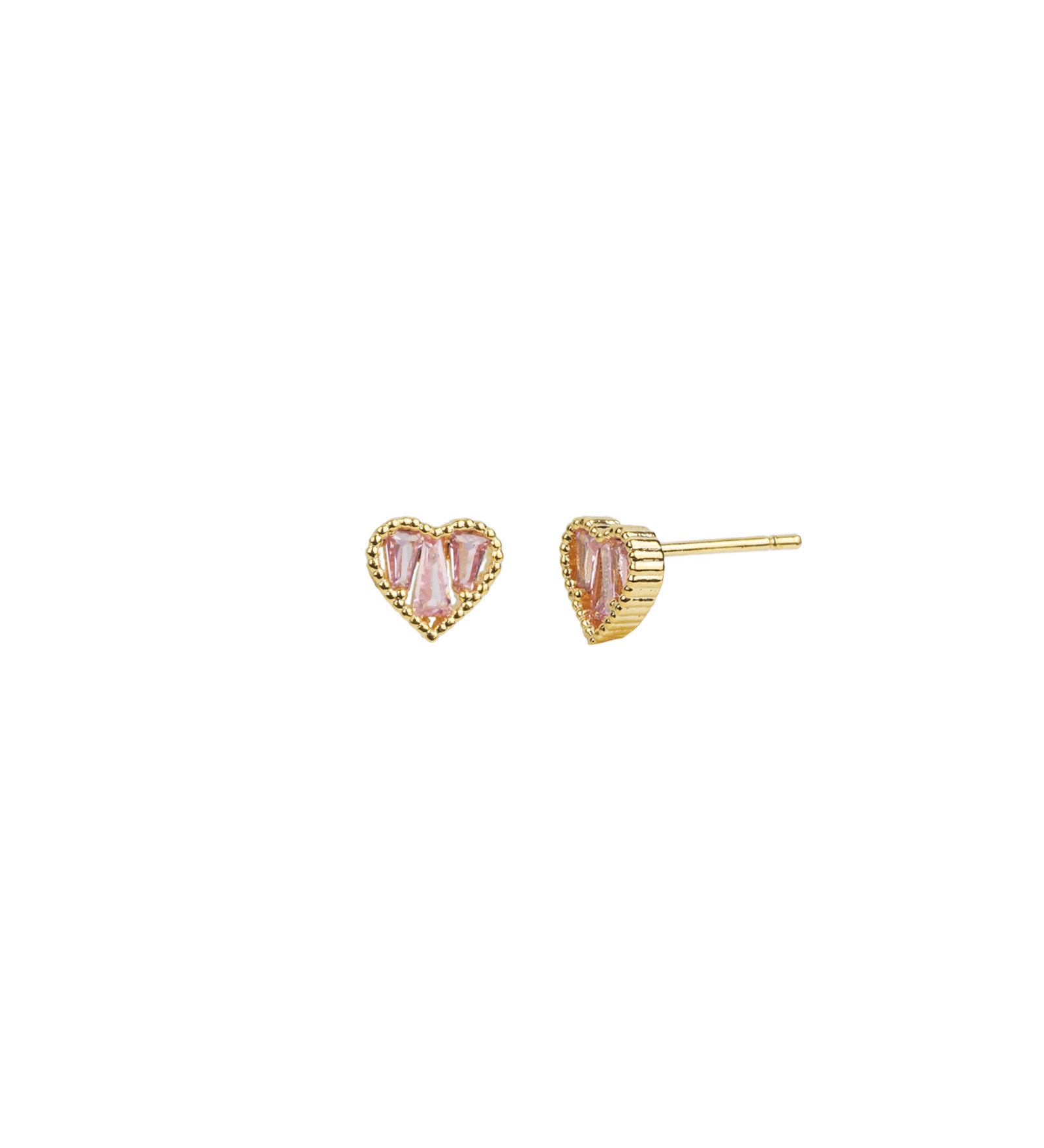 Baguette CZ Heart Studs Gold Plated, Pink Cubic Zirconia
