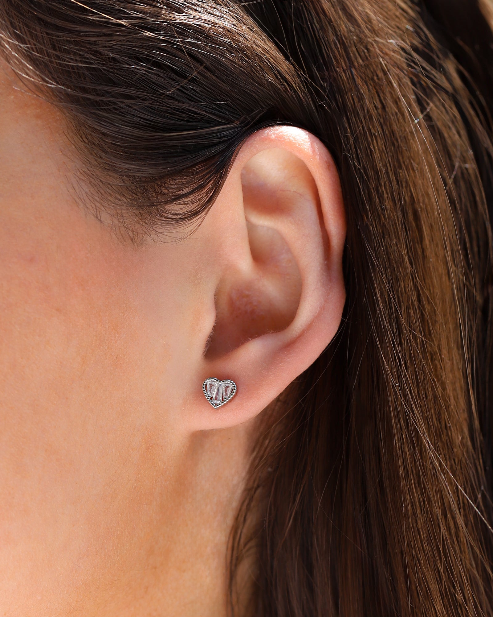 Baguette CZ Heart Studs Silver Plated, Cubic Zirconia