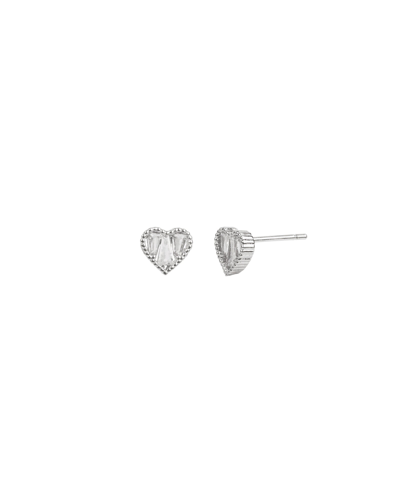 Baguette CZ Heart Studs Silver Plated, Cubic Zirconia