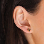 4 Petal Flower Baguette CZ Studs Gold Plated, Jet Black Cubic Zirconia