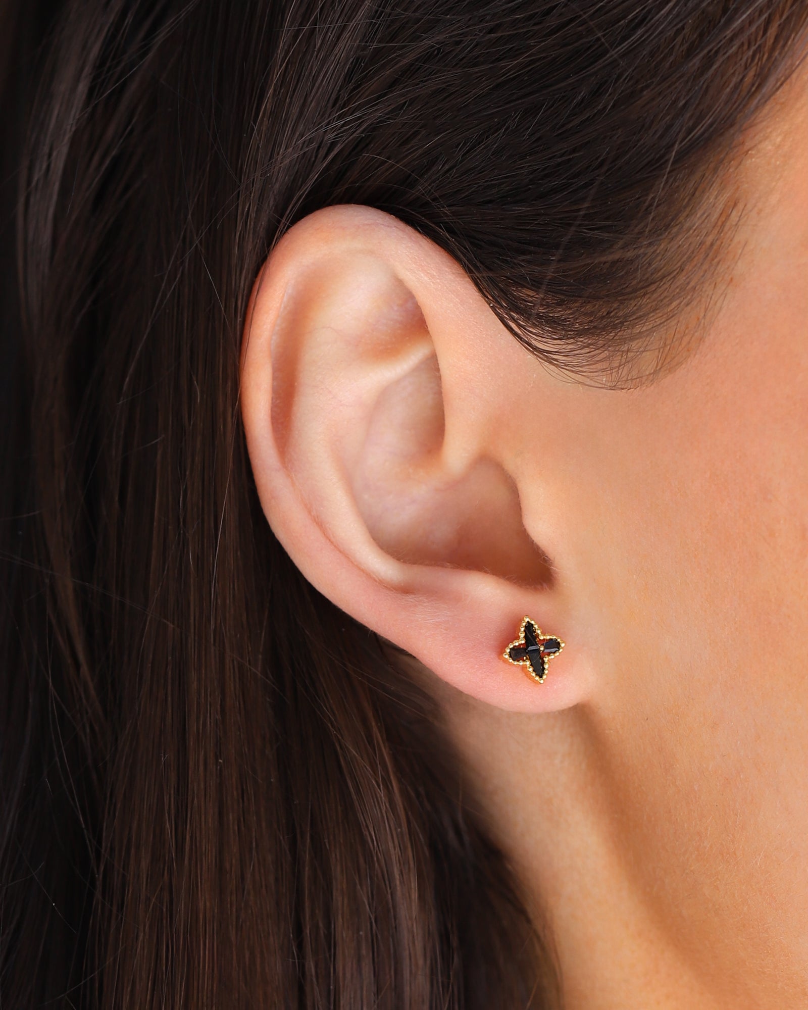 4 Petal Flower Baguette CZ Studs Gold Plated, Jet Black Cubic Zirconia