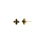 4 Petal Flower Baguette CZ Studs Gold Plated, Jet Black Cubic Zirconia