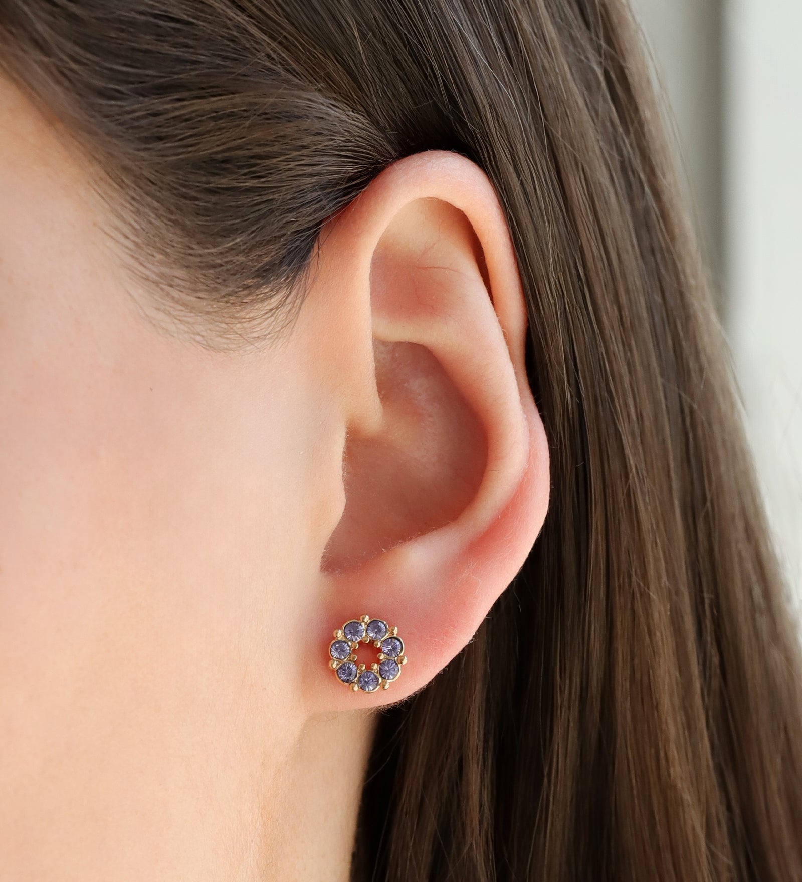 Circle Crystal Studs Gold Plated, Tanzanite Crystal