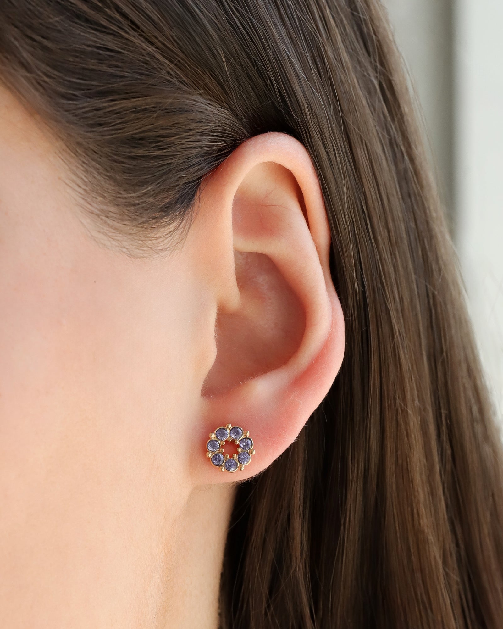 Circle Crystal Studs Gold Plated, Tanzanite Crystal