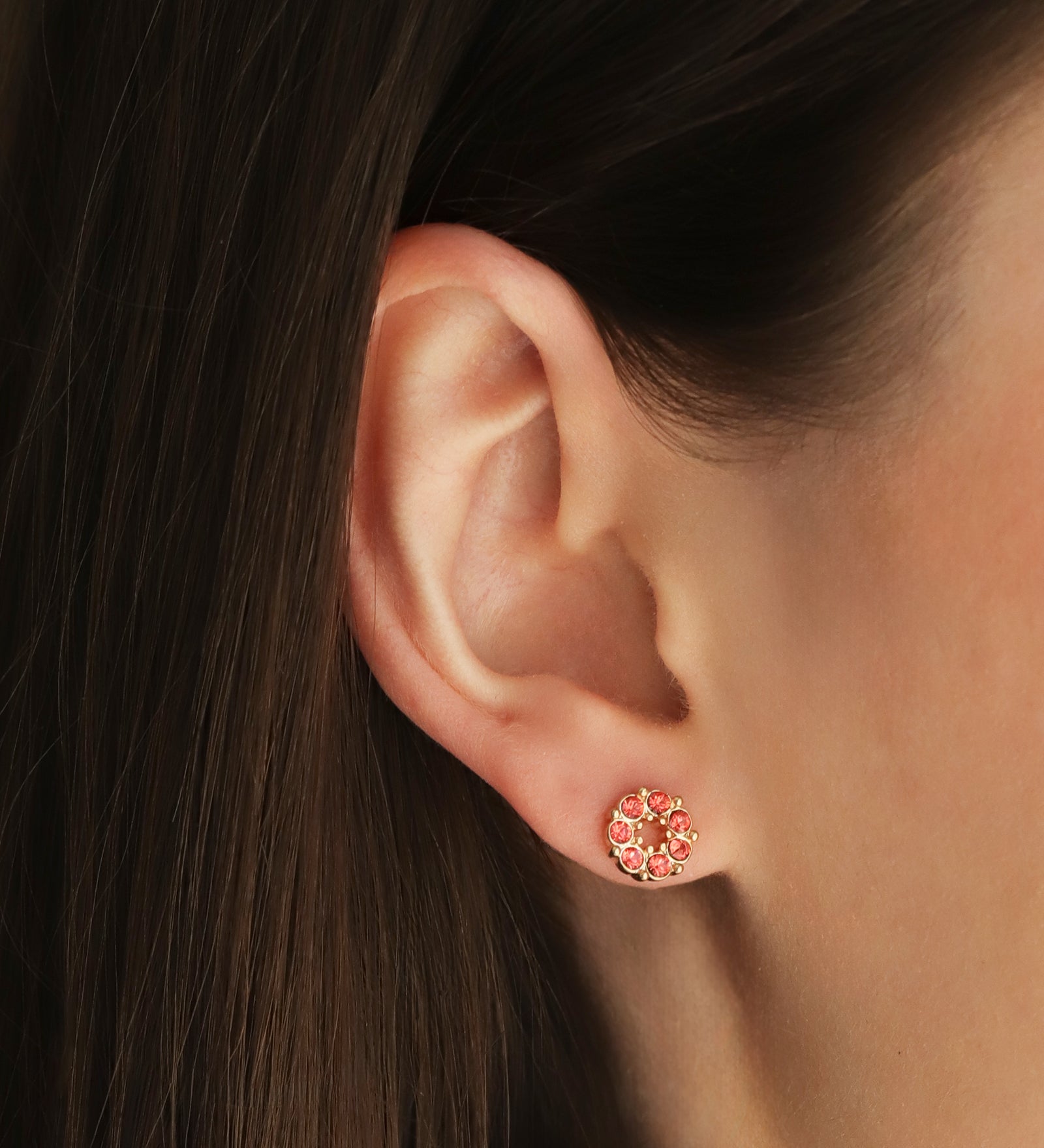 Circle Crystal Studs Gold Plated, Padparadscha Crystal