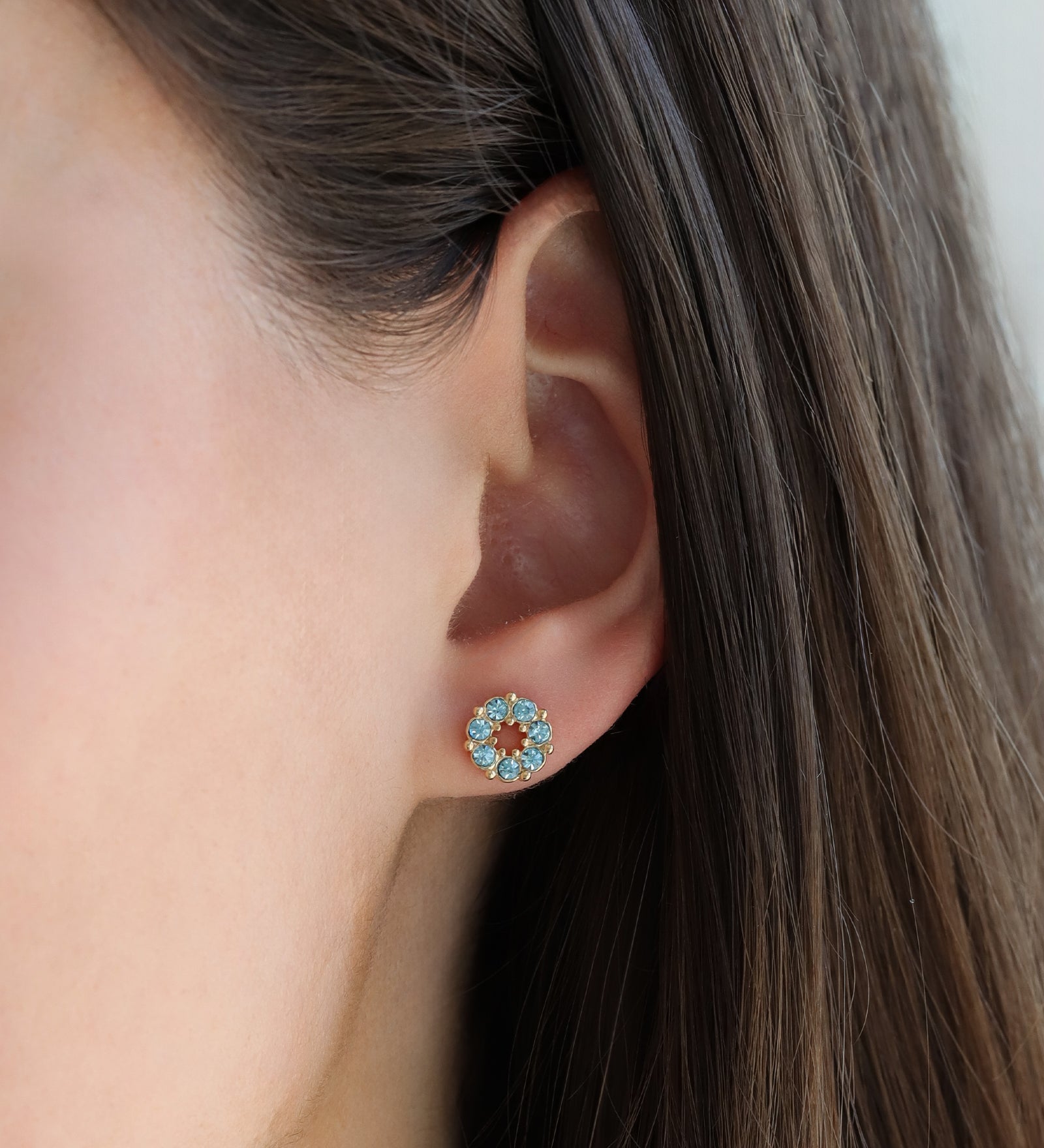 Circle Crystal Studs Gold Plated, Aquamarine Crystal