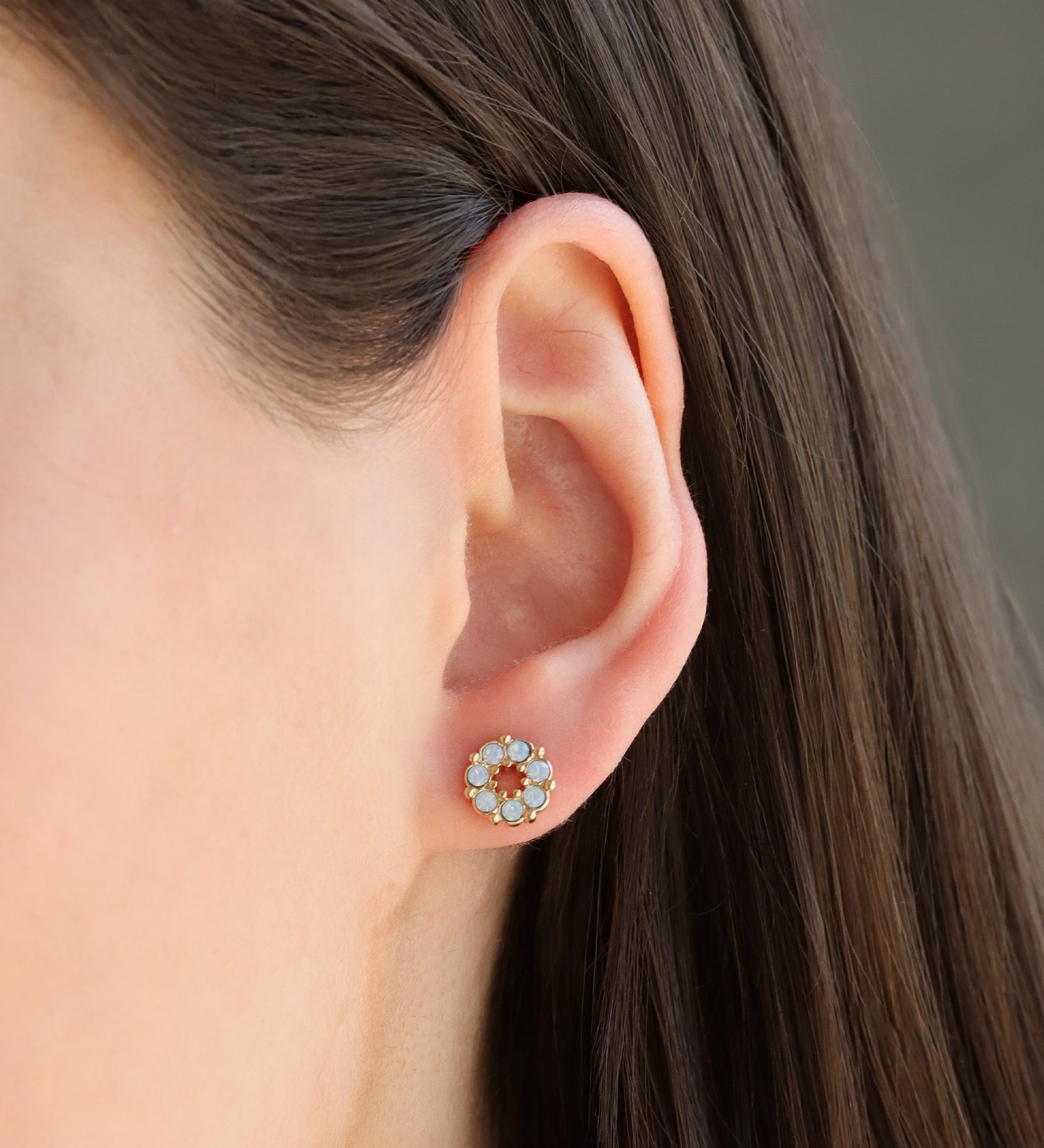 Circle Crystal Studs Gold Plated, Blue Opal Crystal