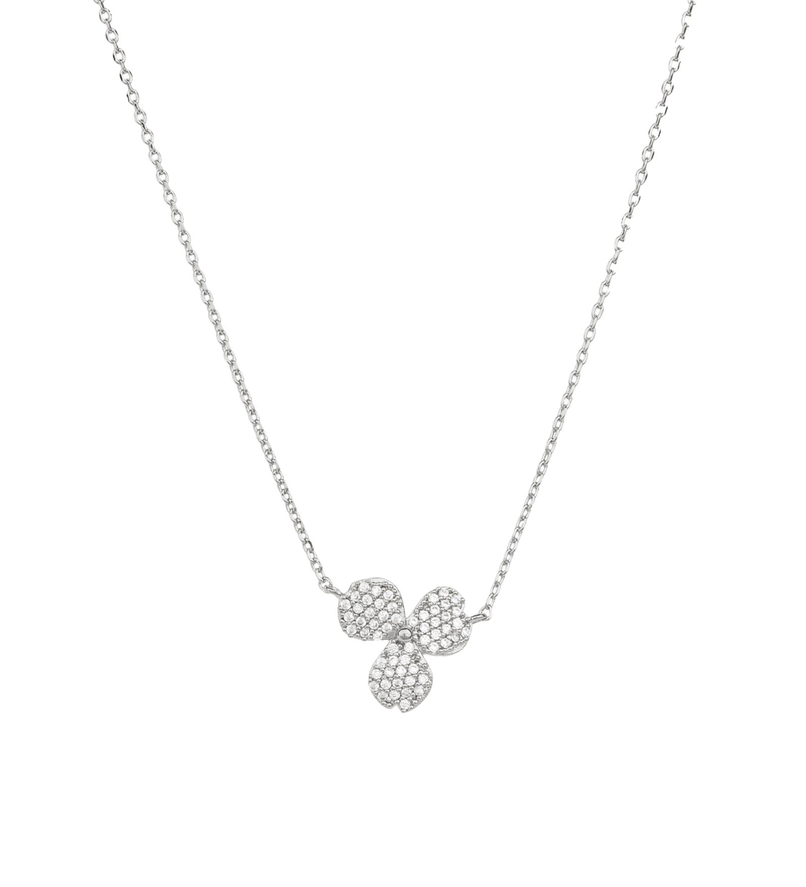 3 Petal Pavé Necklace Silver Plated, White Crystal