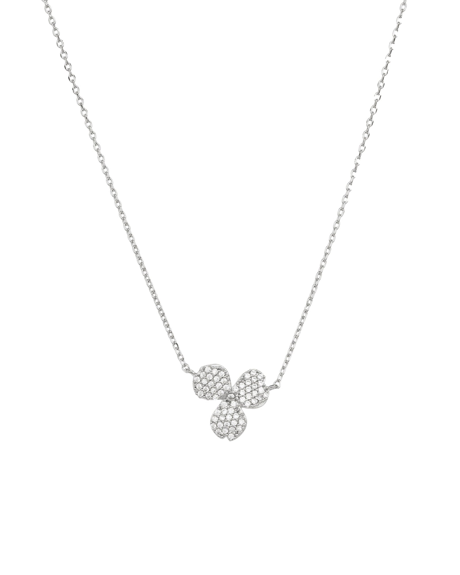 3 Petal Pavé Necklace Silver Plated, White Crystal