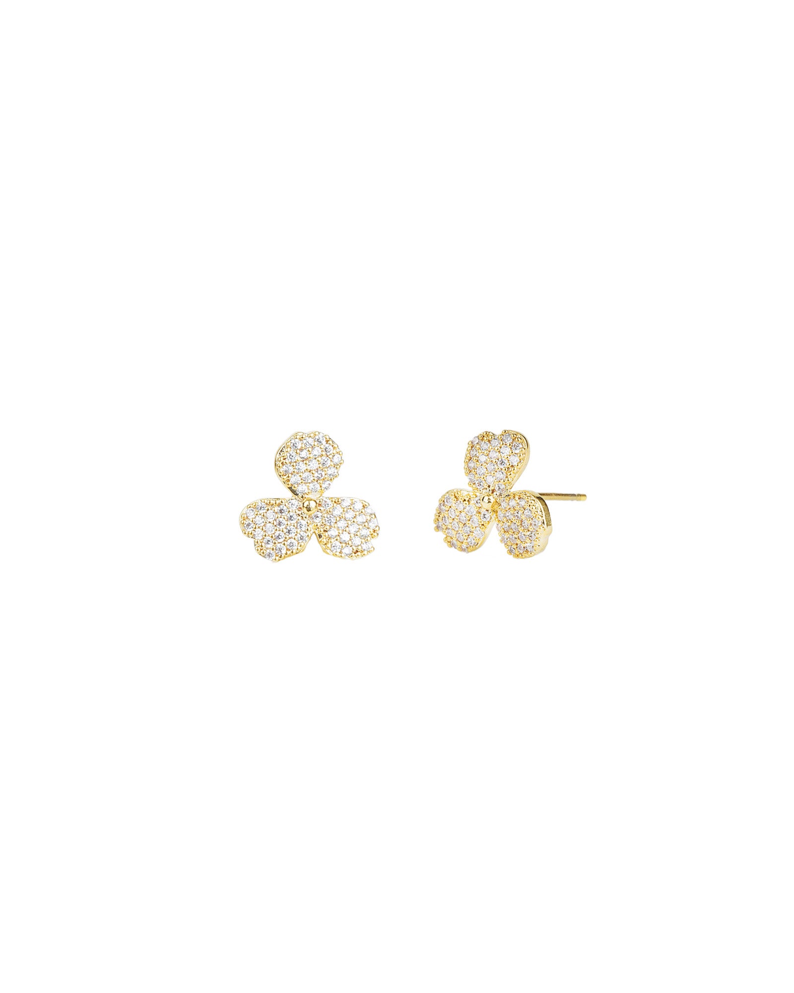 Weekend Ritual-3 Petal Pavé Studs-Earrings-Gold Plated, White Crystal-Blue Ruby Jewellery-Vancouver Canada