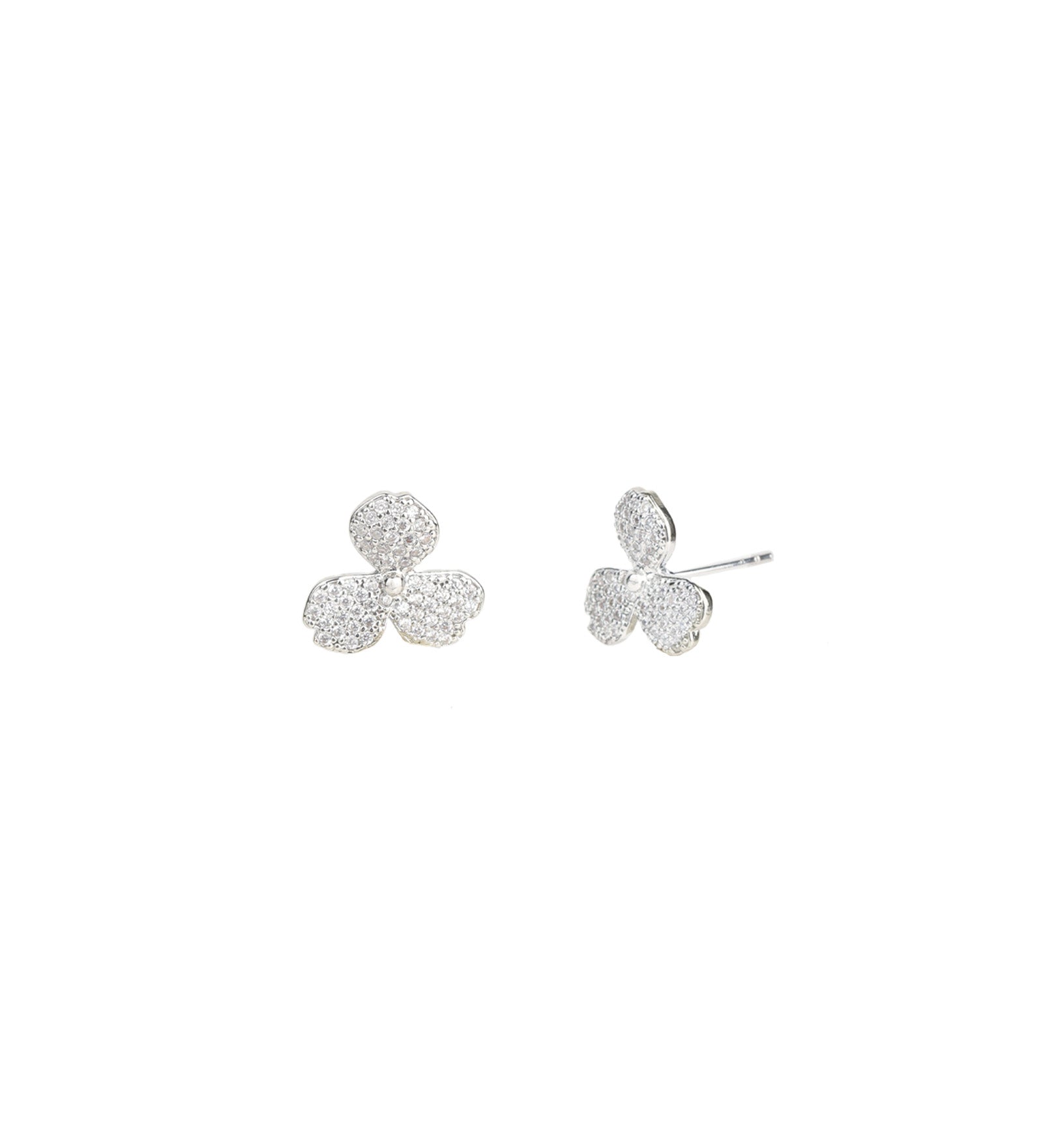 3 Petal Pavé  Studs Silver Plated, White Crystal