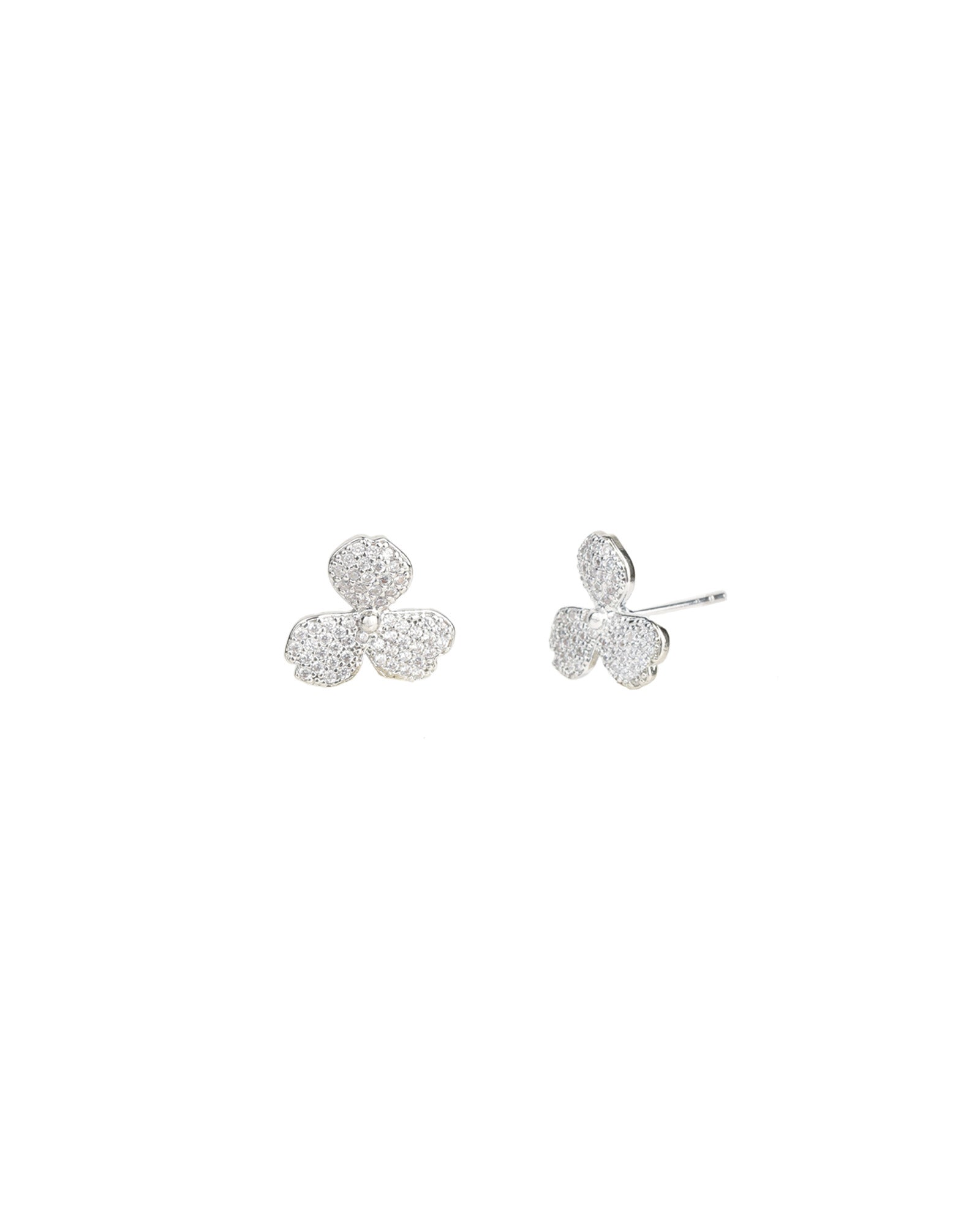 3 Petal Pavé  Studs Silver Plated, White Crystal