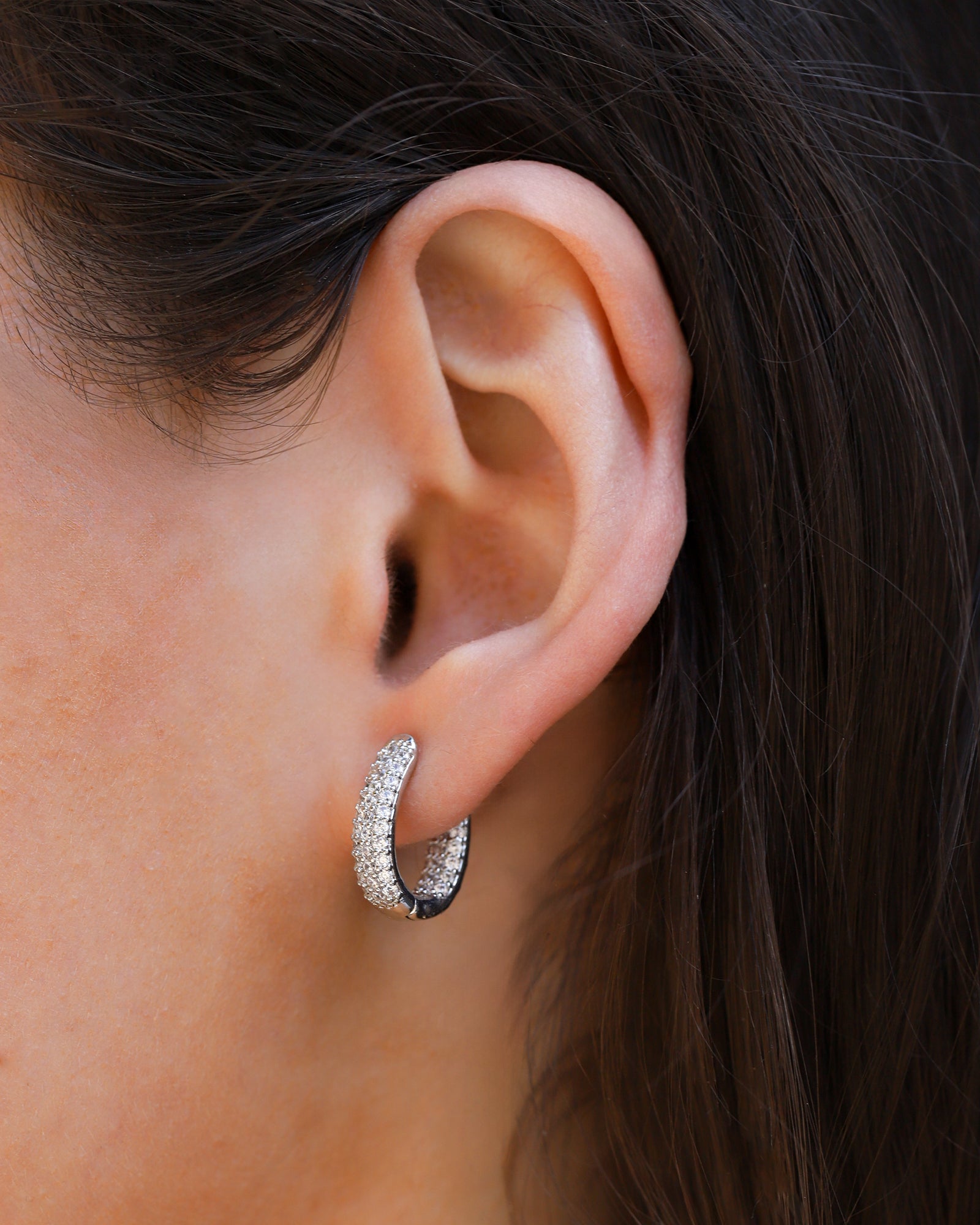 3 Row Oval Double Vision Huggies Silver Plated, Cubic Zirconia