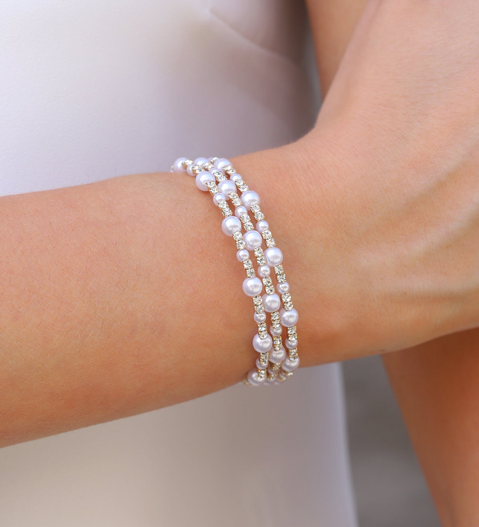3 Coil Pearl Crystal Cuff Gold Plated, White Crystal, White Pearl
