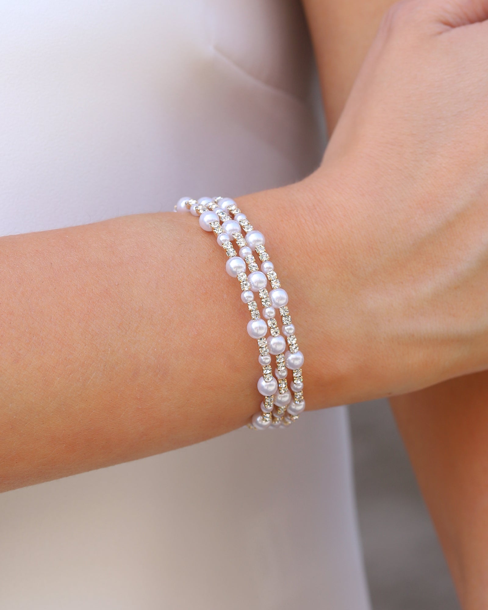 3 Coil Pearl Crystal Cuff Gold Plated, White Crystal, White Pearl
