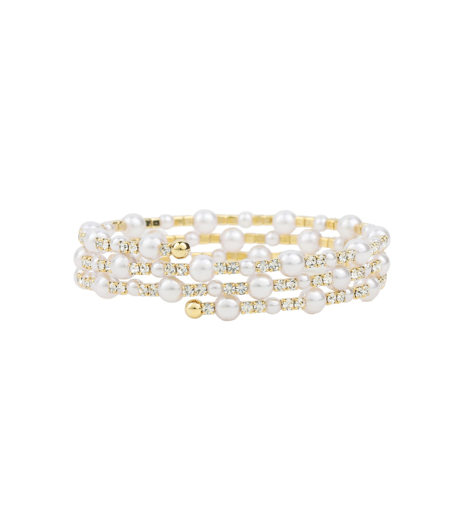 3 Coil Pearl Crystal Cuff Gold Plated, White Crystal, White Pearl
