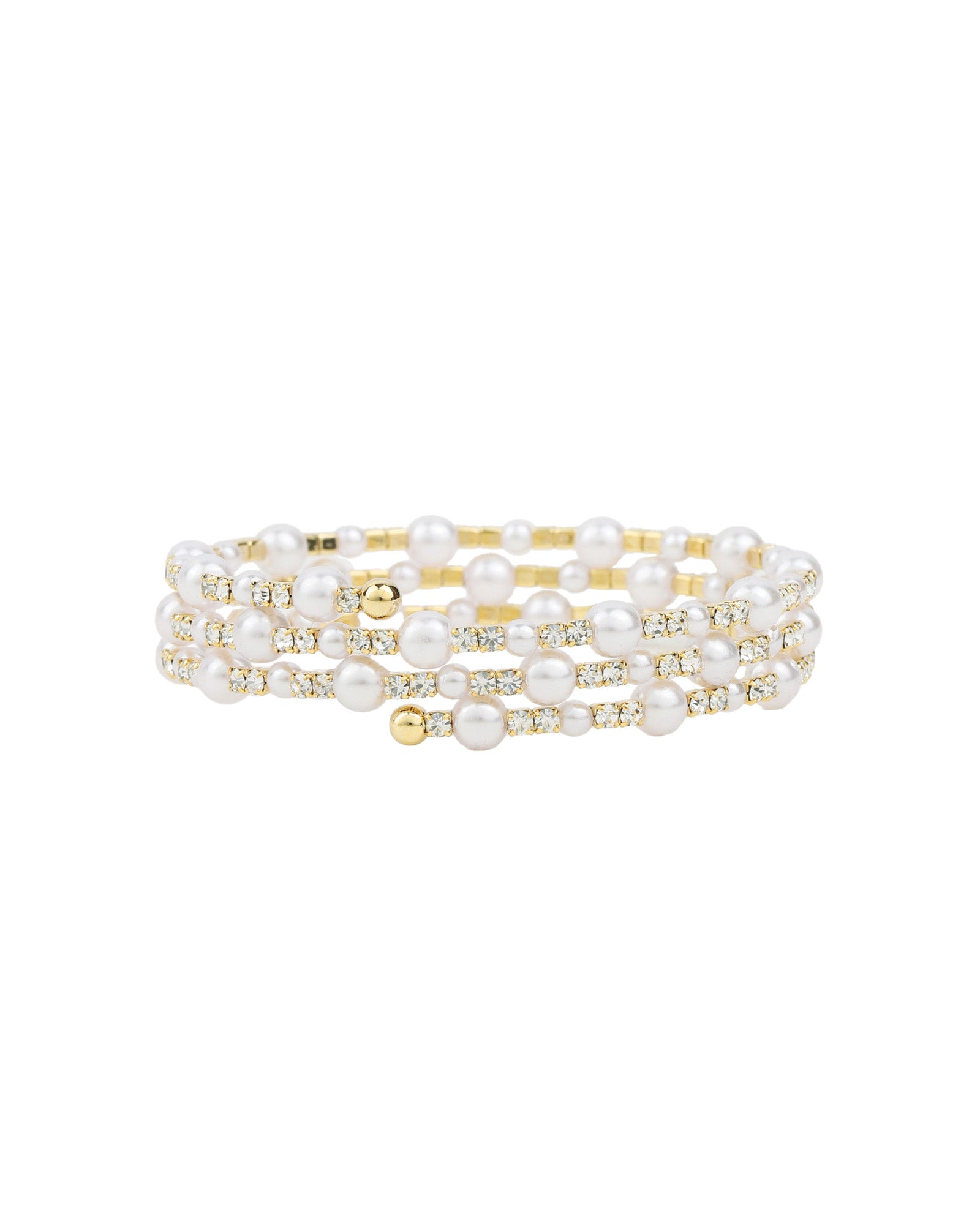 3 Coil Pearl Crystal Cuff Gold Plated, White Crystal, White Pearl