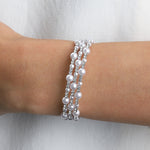 3 Coil Pearl Crystal Cuff Silver Plated, White Crystal, White Pearl