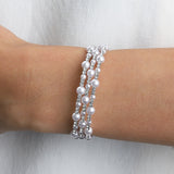 3 Coil Pearl Crystal Cuff Silver Plated, White Crystal, White Pearl