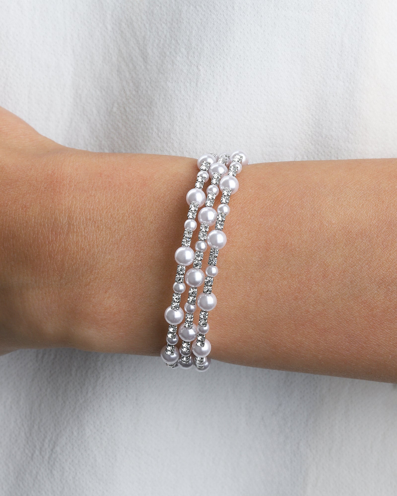 3 Coil Pearl Crystal Cuff Silver Plated, White Crystal, White Pearl
