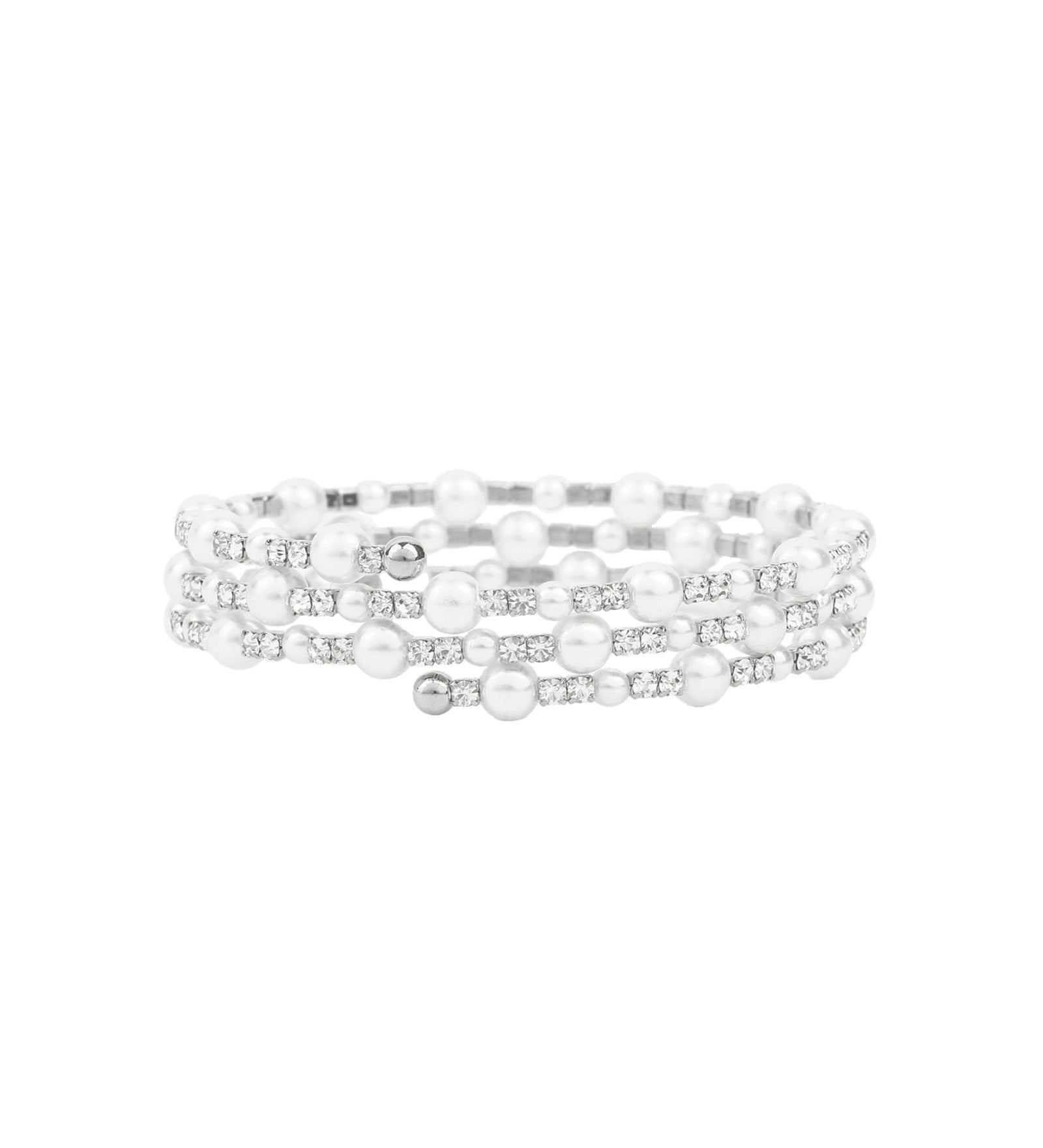3 Coil Pearl Crystal Cuff Silver Plated, White Crystal, White Pearl