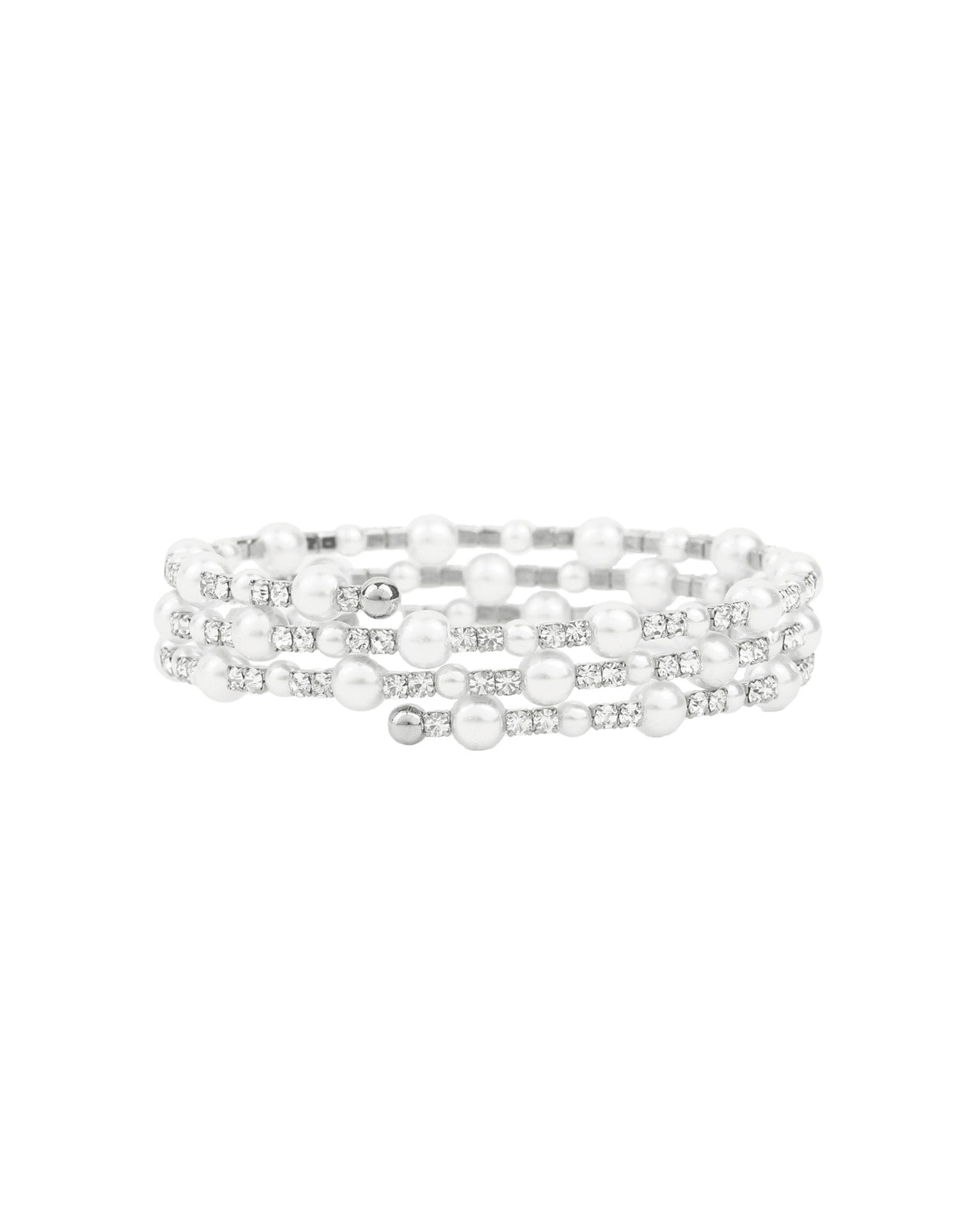 3 Coil Pearl Crystal Cuff Silver Plated, White Crystal, White Pearl