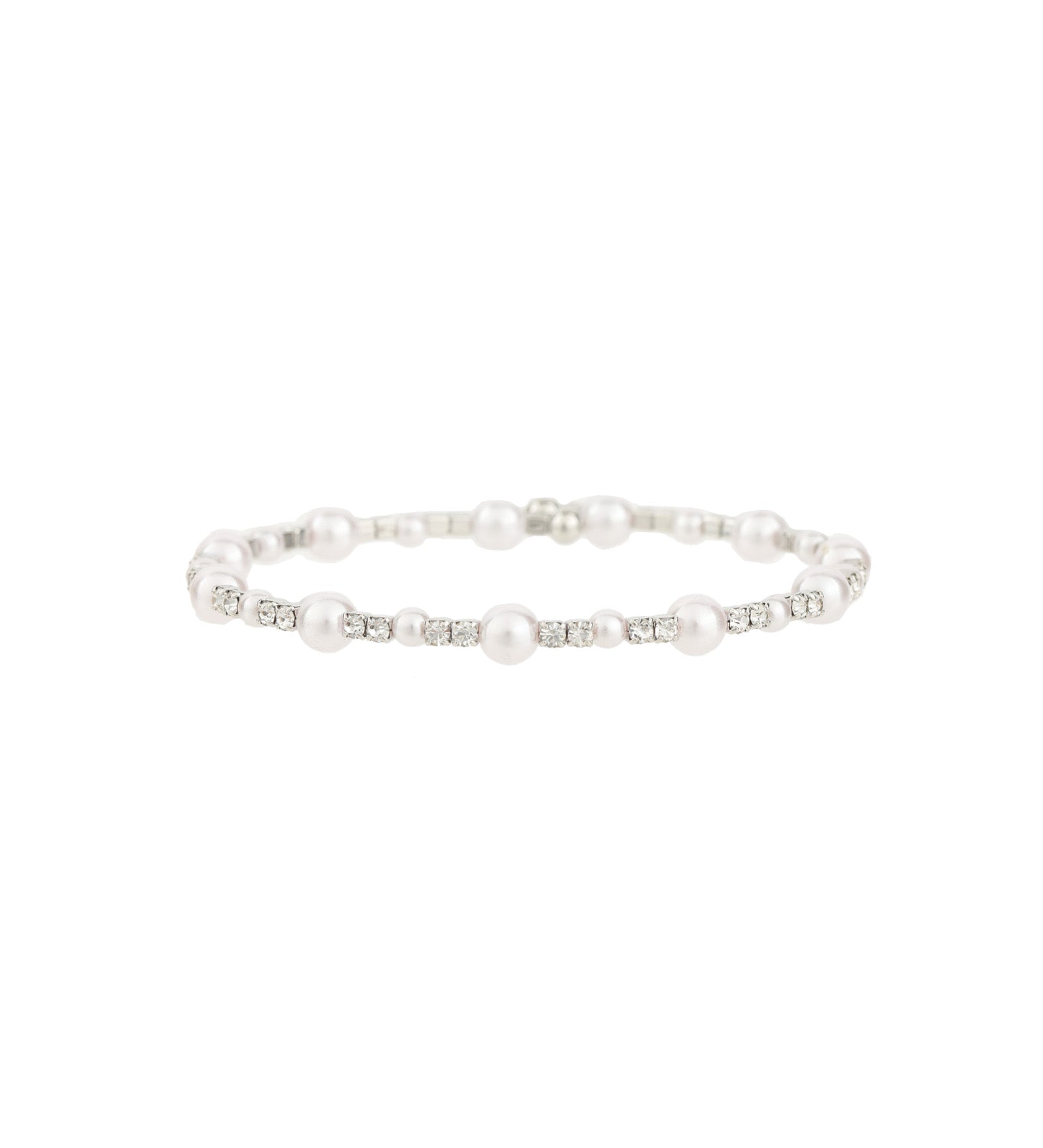 1 Row Mixed Pearl Crystal Coil Cuff Silver Plated, White Crystal, White Pearl
