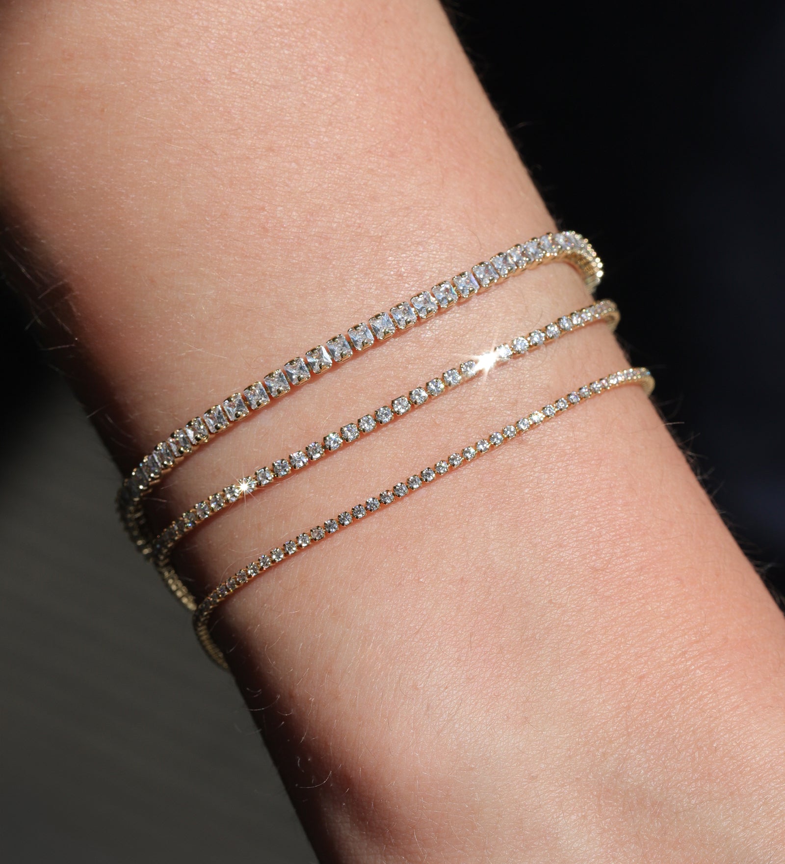 Round Crystal Tennis Bracelet | 1.3mm Gold Plated, White Crystal