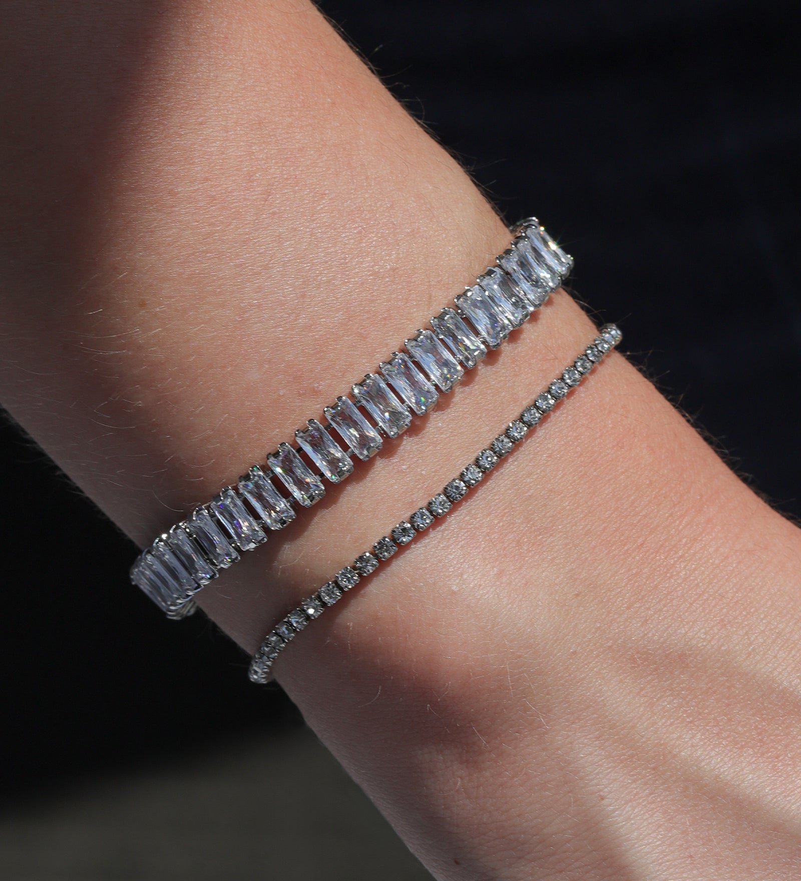 Crystal Pull Bracelet | 2mm Silver Plated, White Crystal