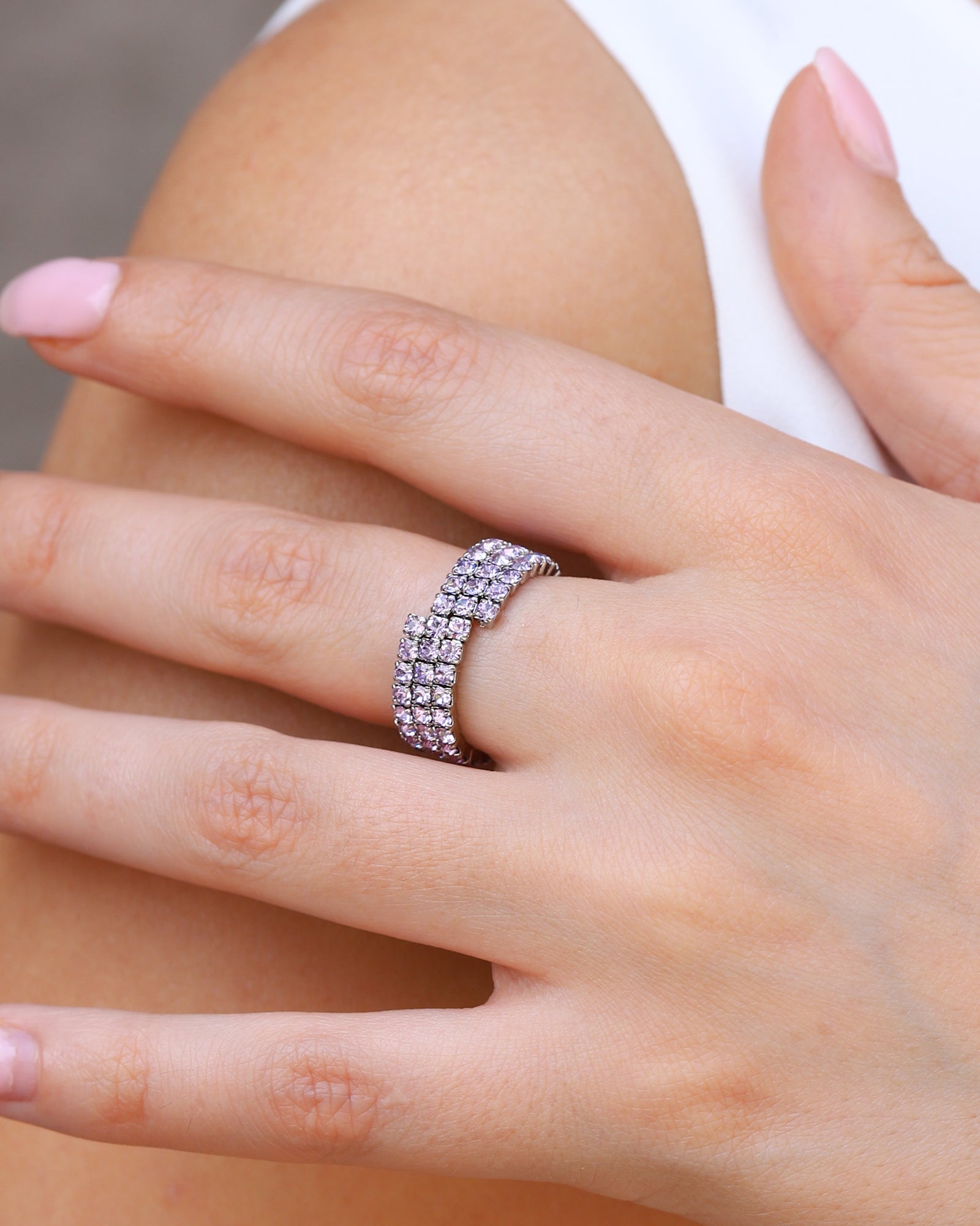 3 Row Coil Crystal Ring Silver Plated, Violet Crystal