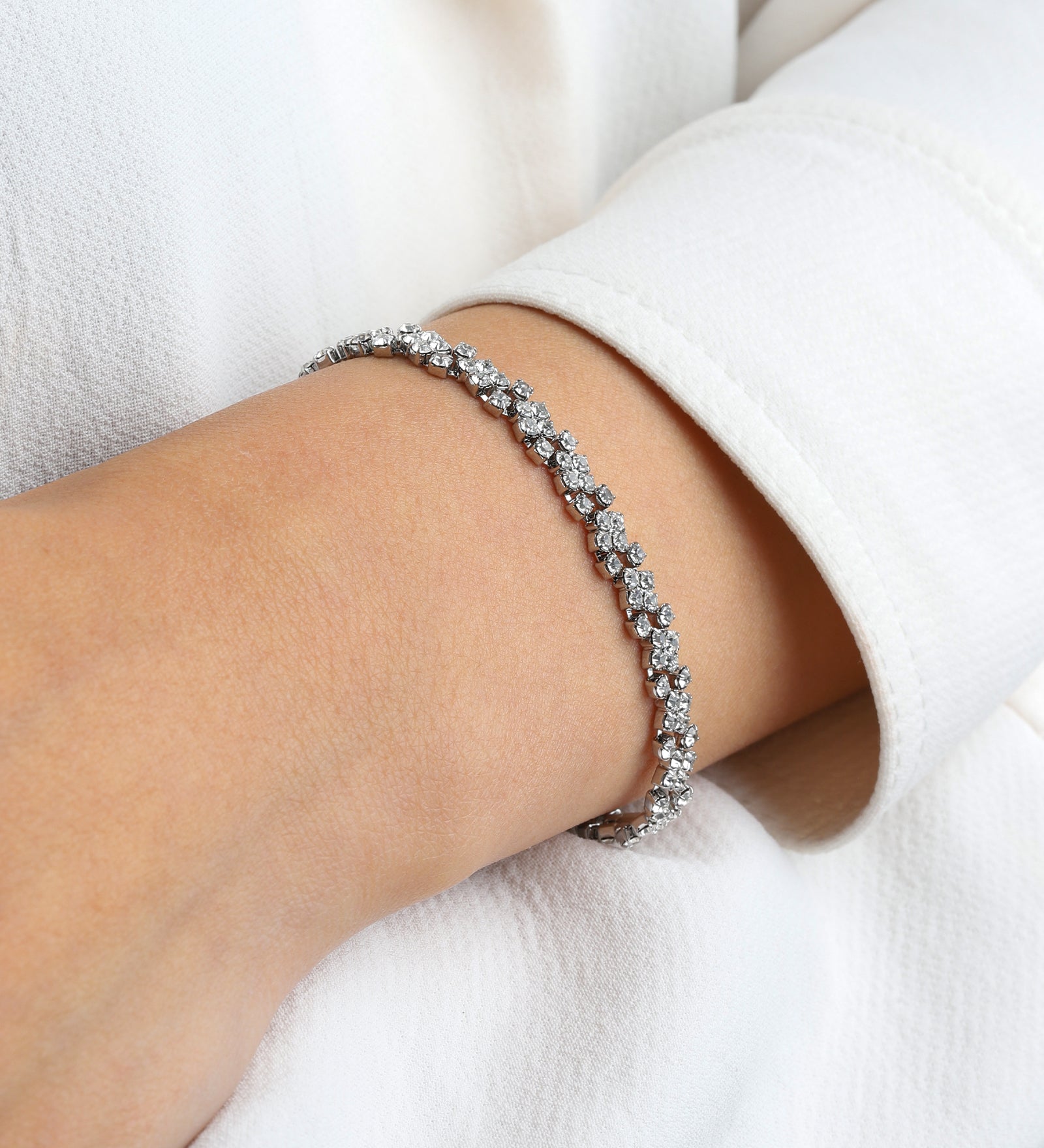Lace Crystal Cluster Bracelet Silver Plated, White Crystal