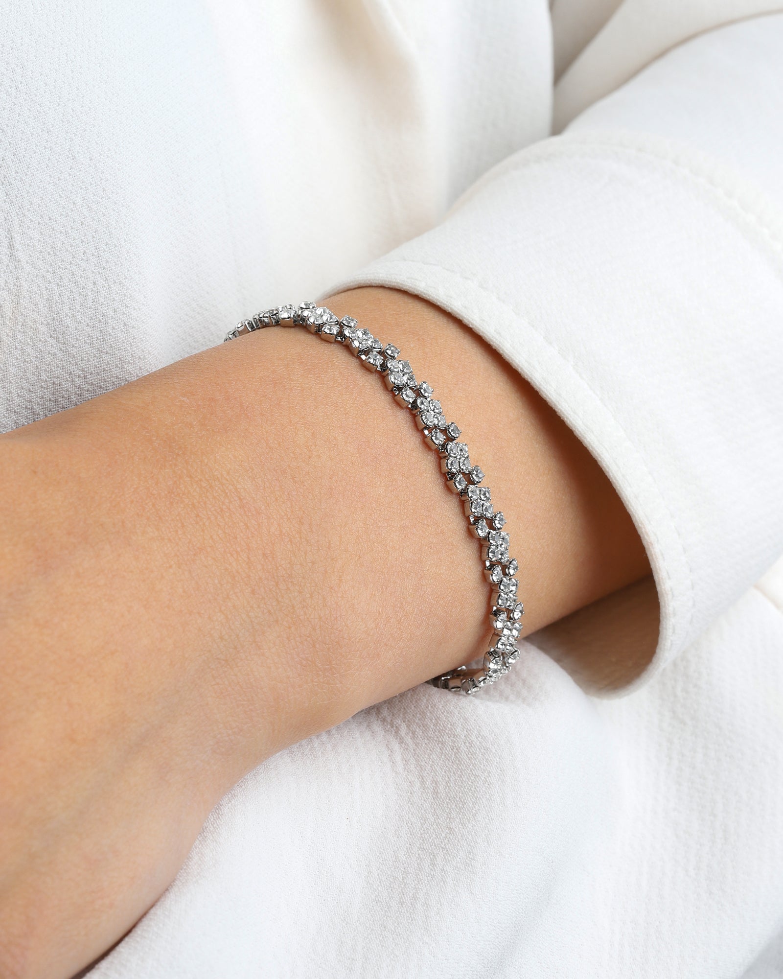 Lace Crystal Cluster Bracelet Silver Plated, White Crystal