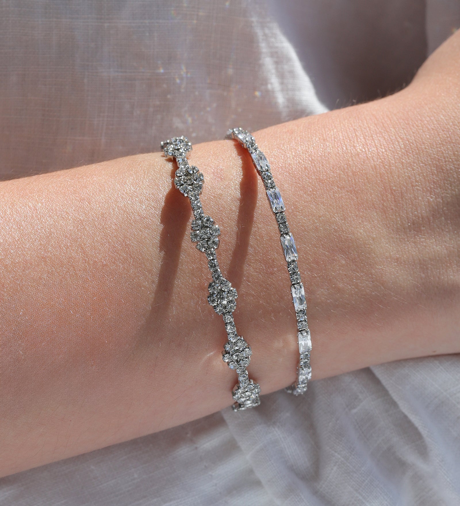 Multi Flower Crystal Cuff Silver Plated, White Crystal
