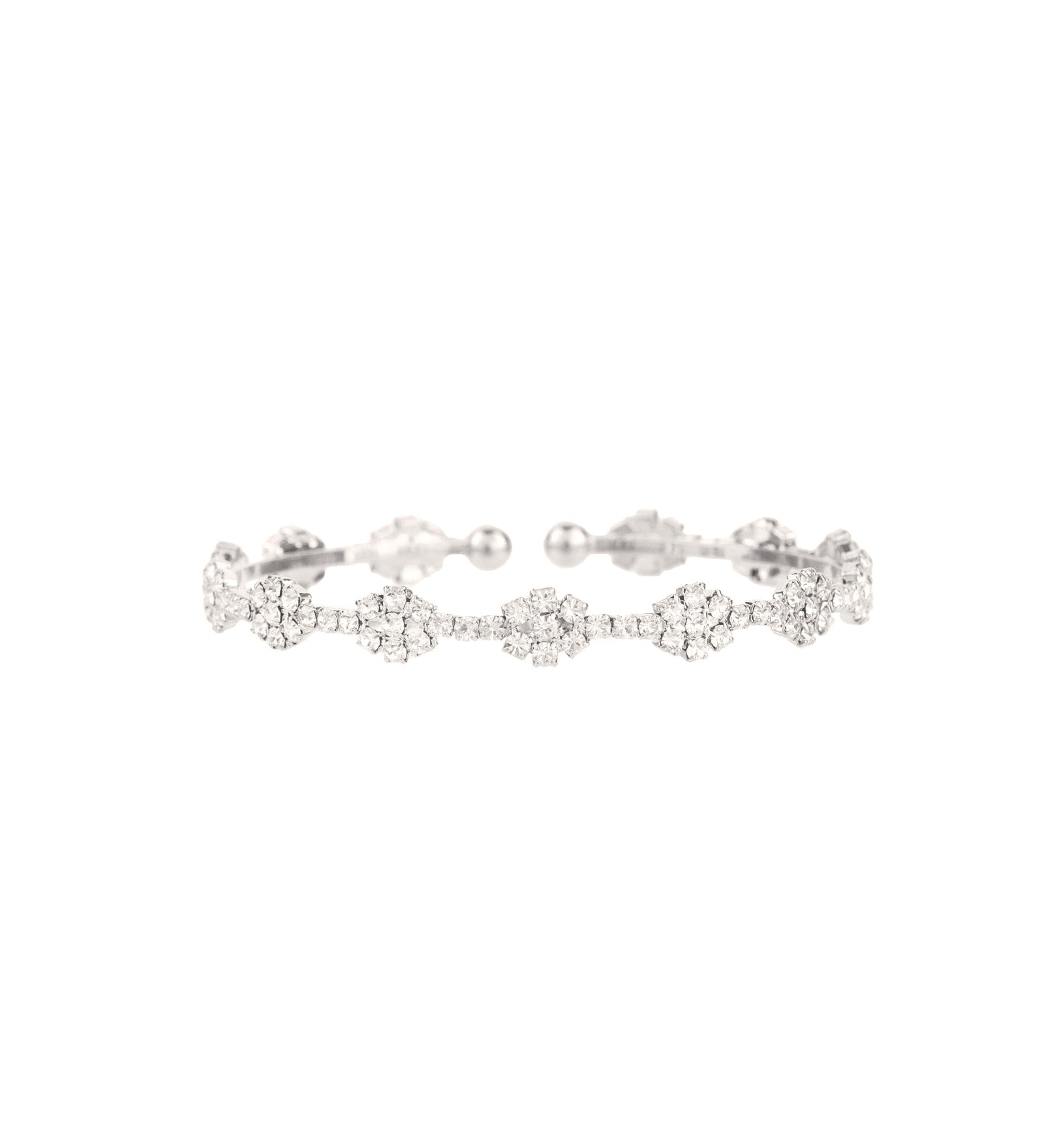 Multi Flower Crystal Cuff Silver Plated, White Crystal