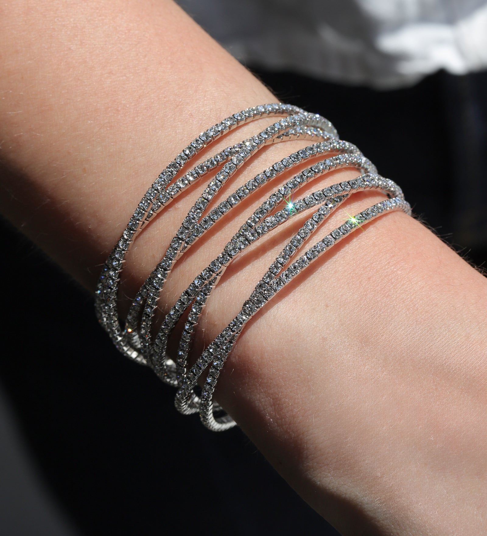 8 Row Crystal Cuff Silver Plated, White Crystal
