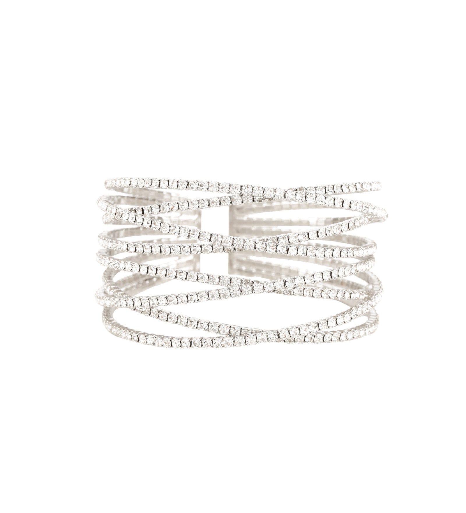 8 Row Crystal Cuff Silver Plated, White Crystal