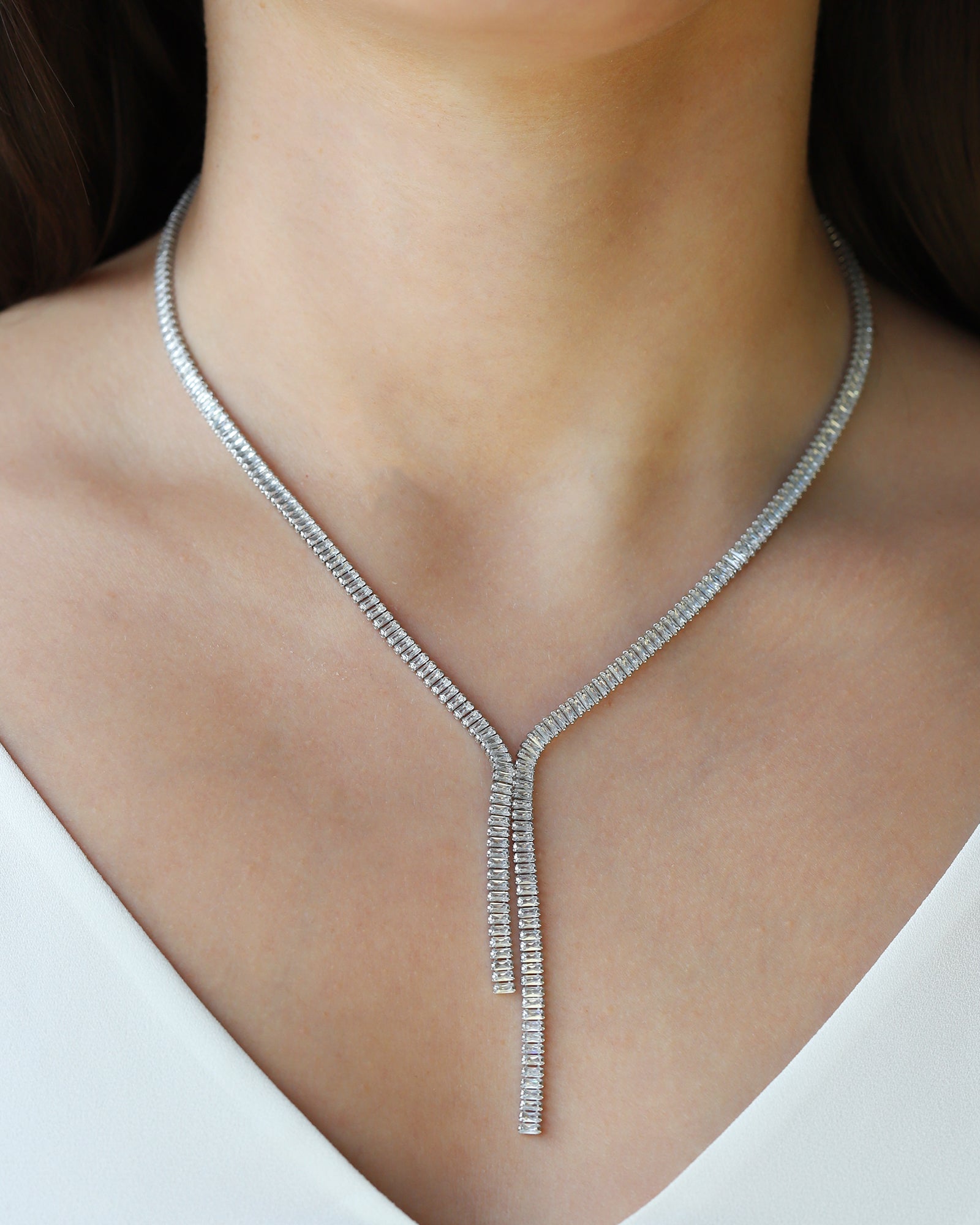 Baguette CZ Lariat Silver Plated, Cubic Zirconia