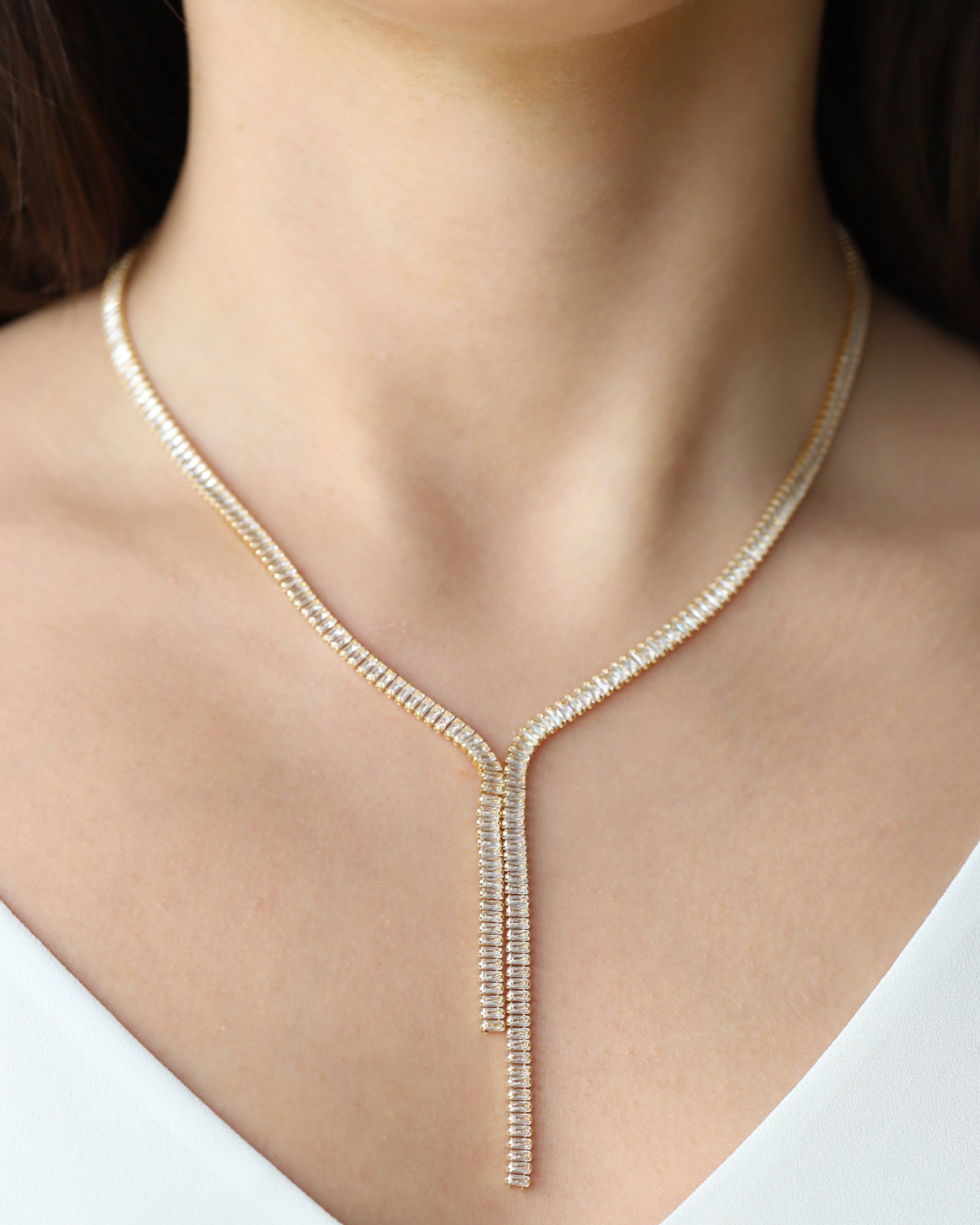 Baguette CZ Lariat Gold Plated, Cubic Zirconia
