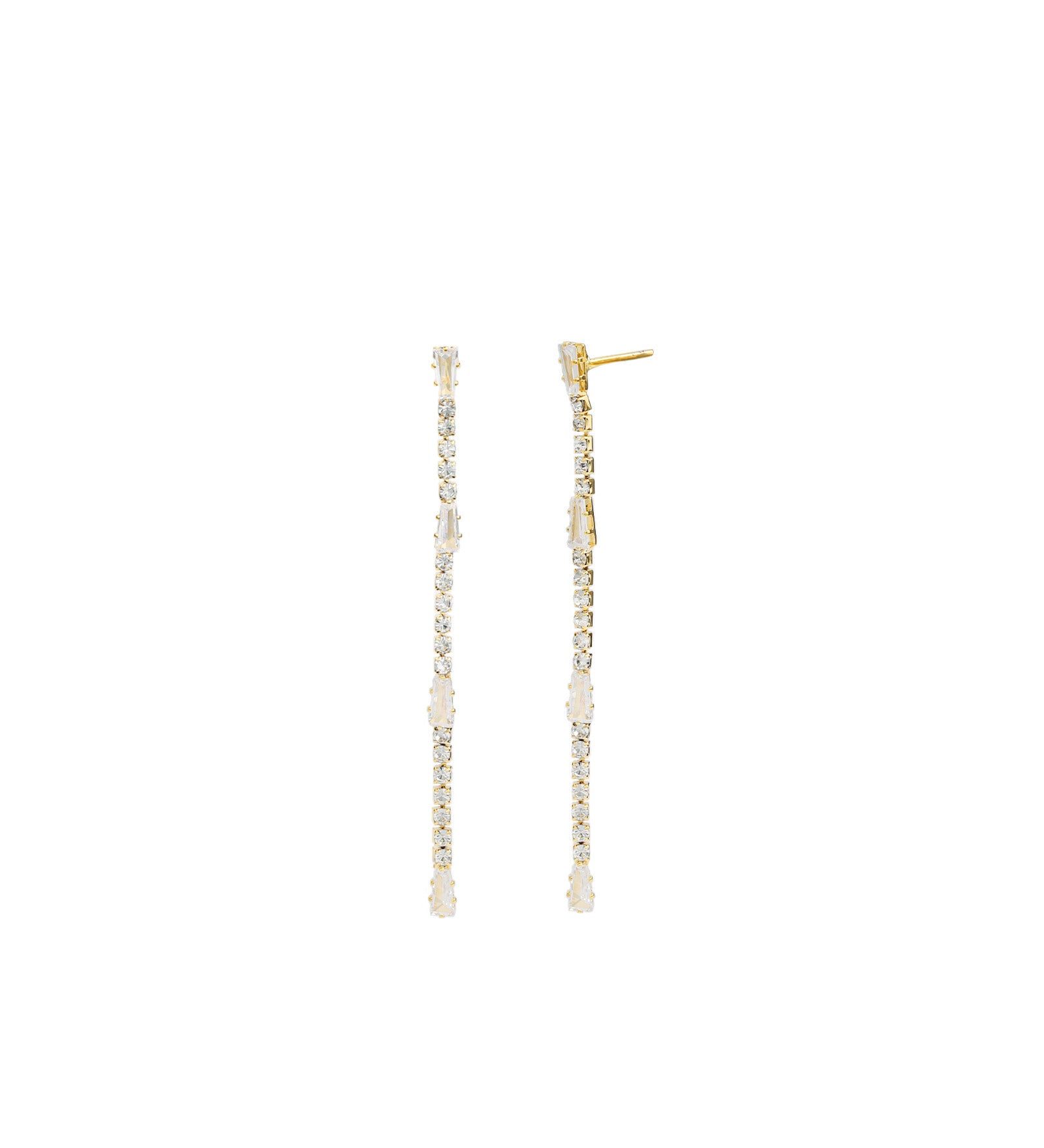 Baguette & Round CZ Strand Drop Earrings Gold Plated, Cubic Zirconia