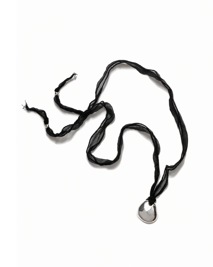 Petal Necklace Sterling Silver, Black Silk Cord