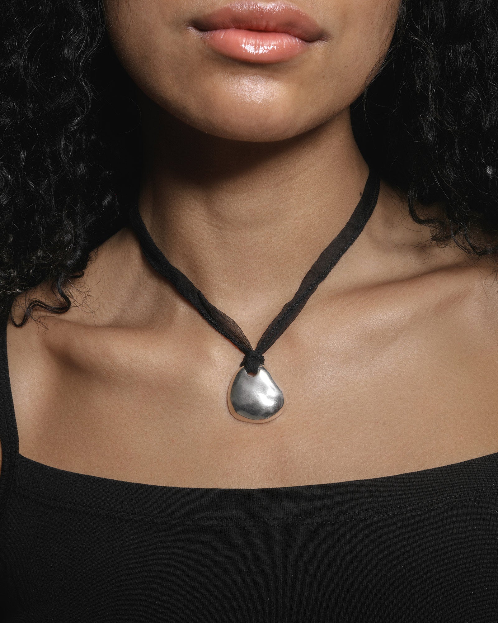Petal Necklace Sterling Silver, Black Silk Cord