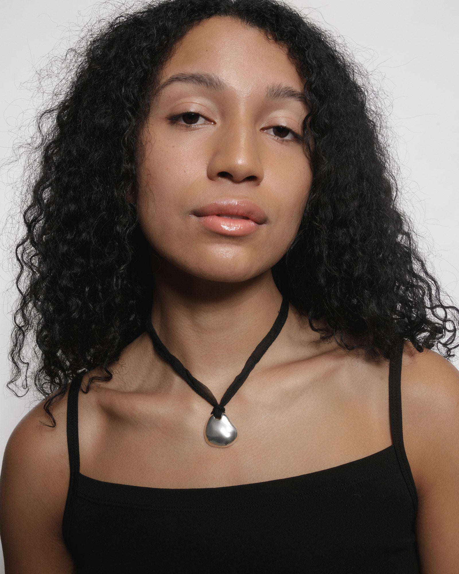 Petal Necklace Sterling Silver, Black Silk Cord