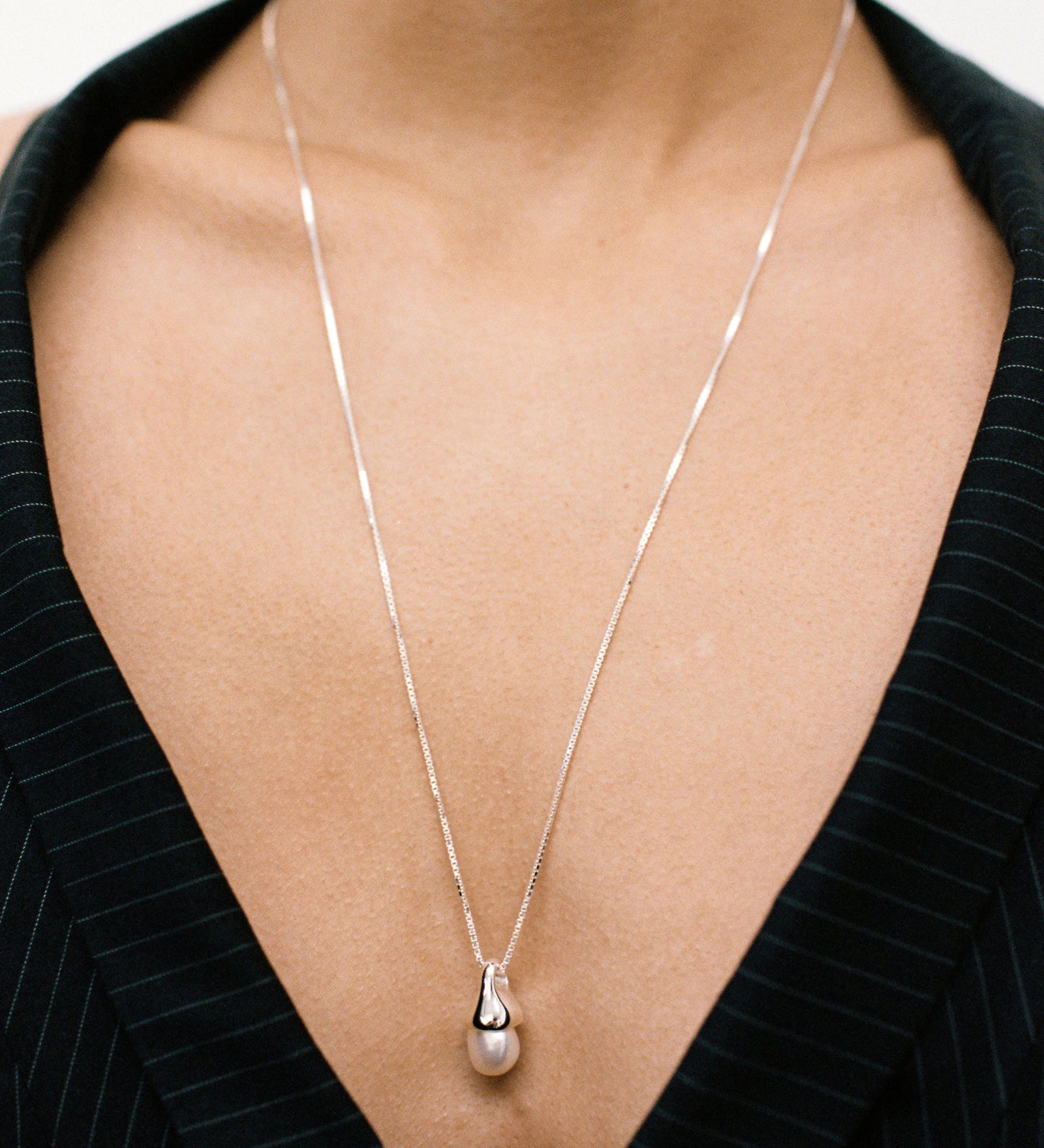 Anna Necklace | 30" Sterling Silver, White Pearl