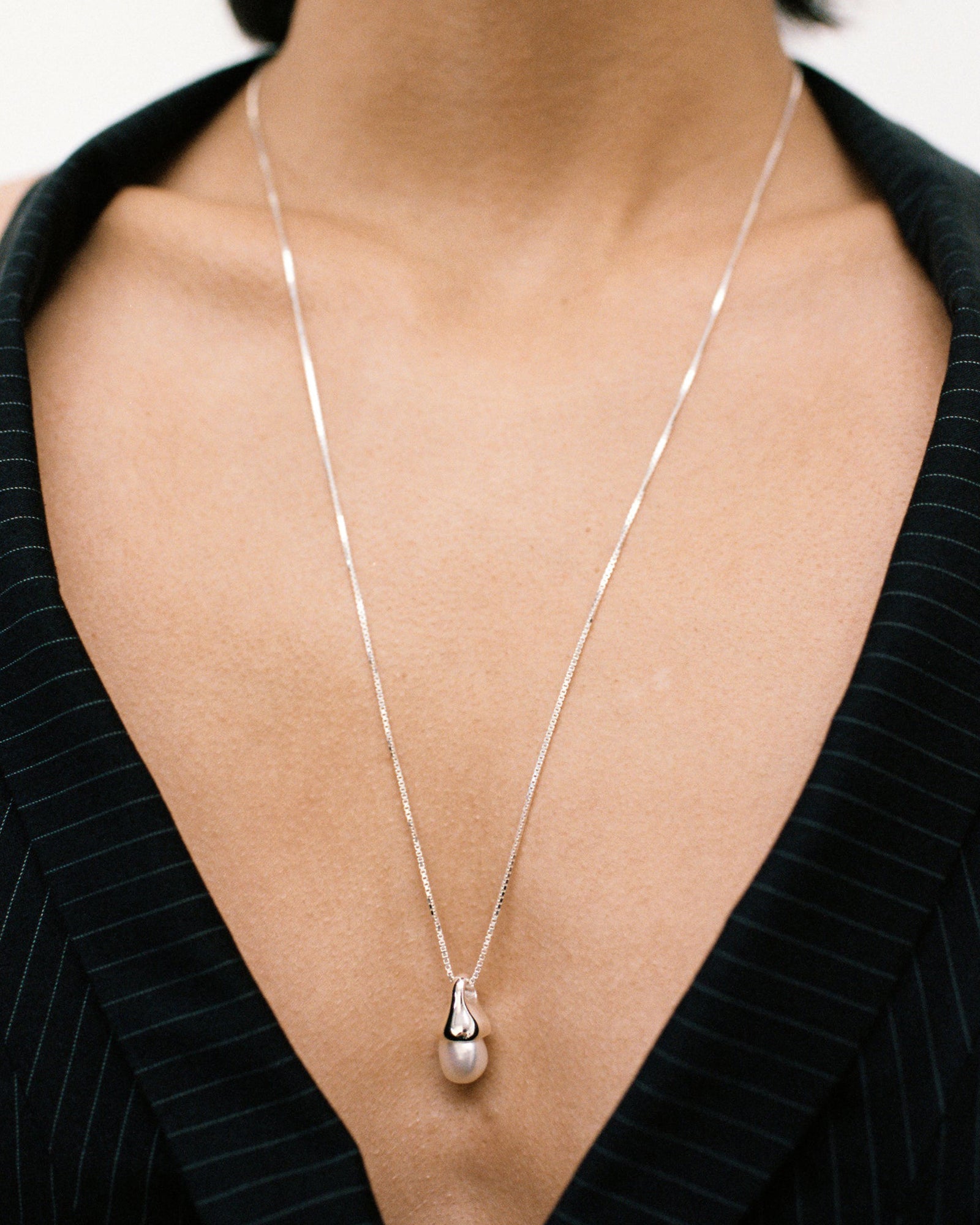 Anna Necklace | 30" Sterling Silver, White Pearl