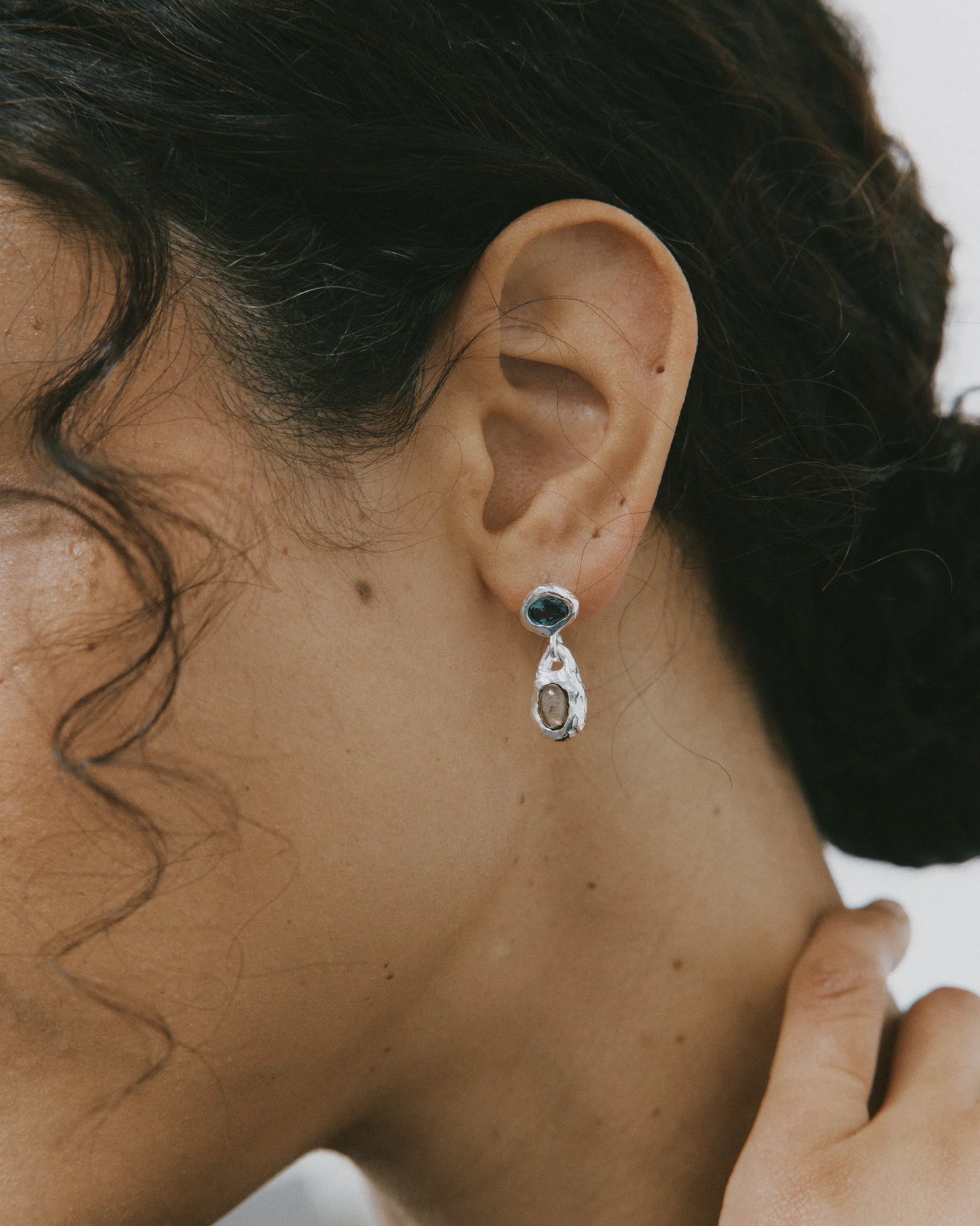 Avery Earrings Sterling Silver, Blue Topaz, Smoke Quartz