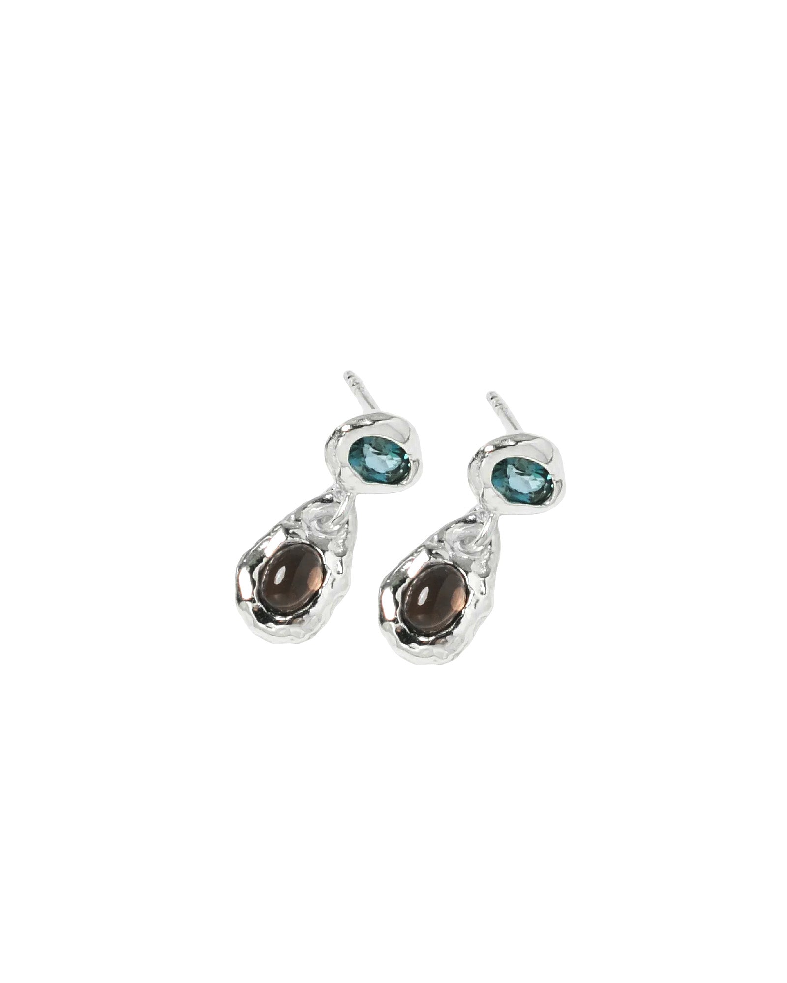 Avery Earrings Sterling Silver, Blue Topaz, Smoke Quartz