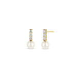 Diamond Bar + Pearl Drop Studs 14k Yellow Gold, Diamond